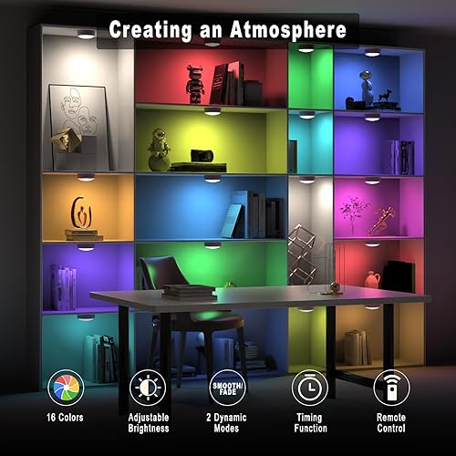 Vista 31 de HELPLEX Luces de disco con control remoto, luces LED que cambian de color, funciona con pilas, regulables, luces debajo del gabinete, luz Paquete