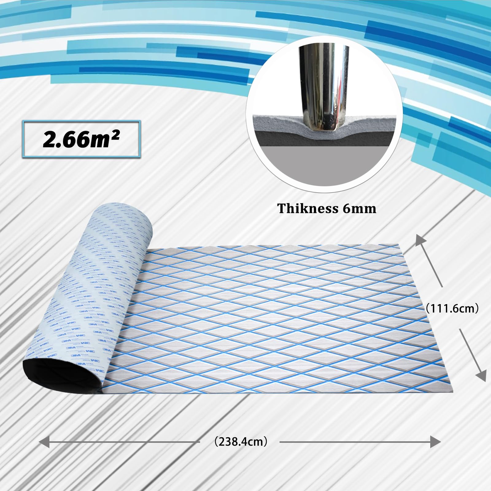 HXBYX Eva - Rivestimento per pavimento in schiuma con retro adesivo da 3 m, spessore 6 mm, con diamanti e marini, antiscivolo, per kayak, yacht, SwimPool RV, 240 x 112/72/40 cm