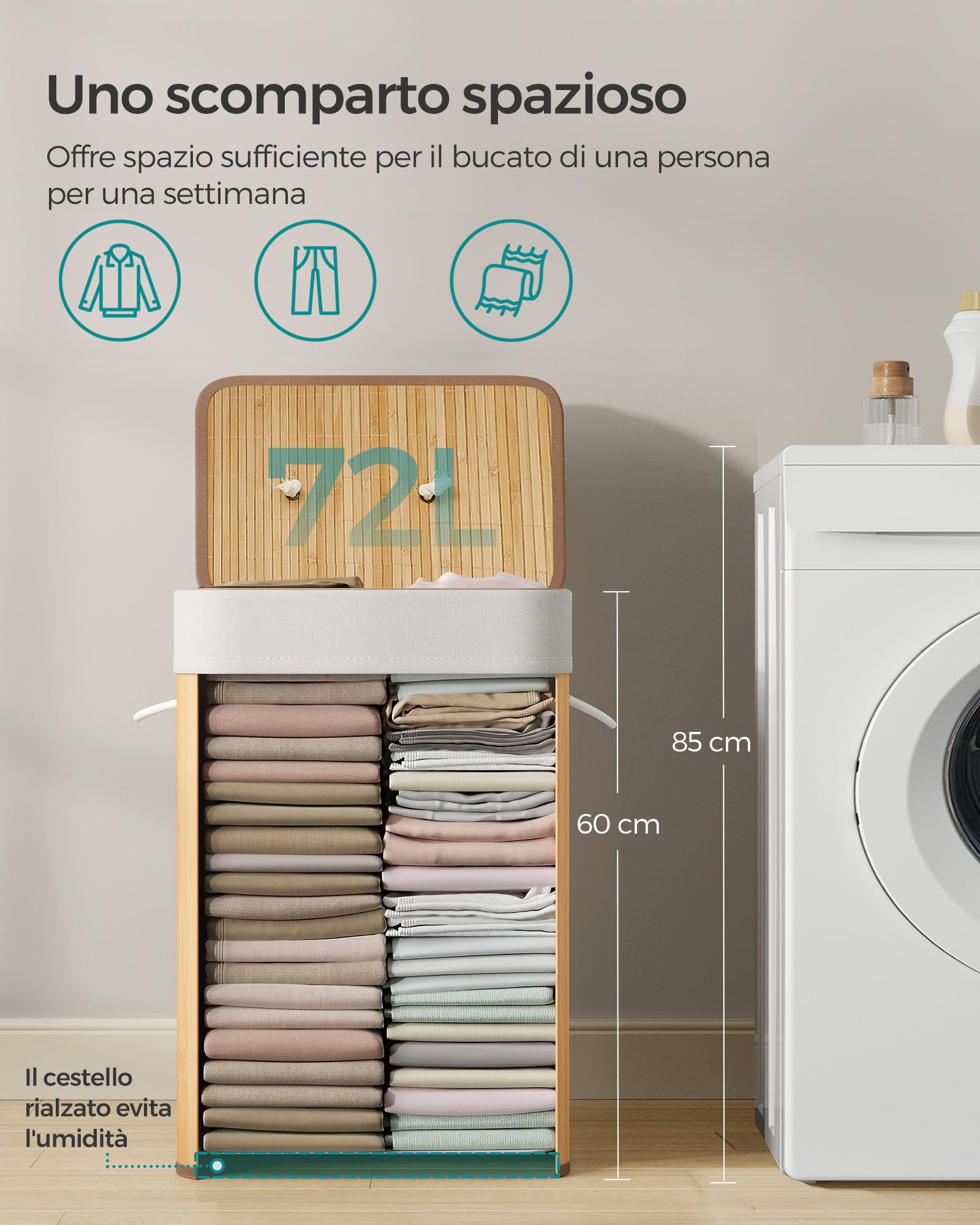 SONGMICS Cesta Portabiancheria con Coperchio, 72 L, Cesto Porta Biancheria in Bamb? Pieghevole, Sacco Rimovibile e Lavabile in Lavatrice, Maniglie, Lavanderia Camera, Naturale LCB10Y