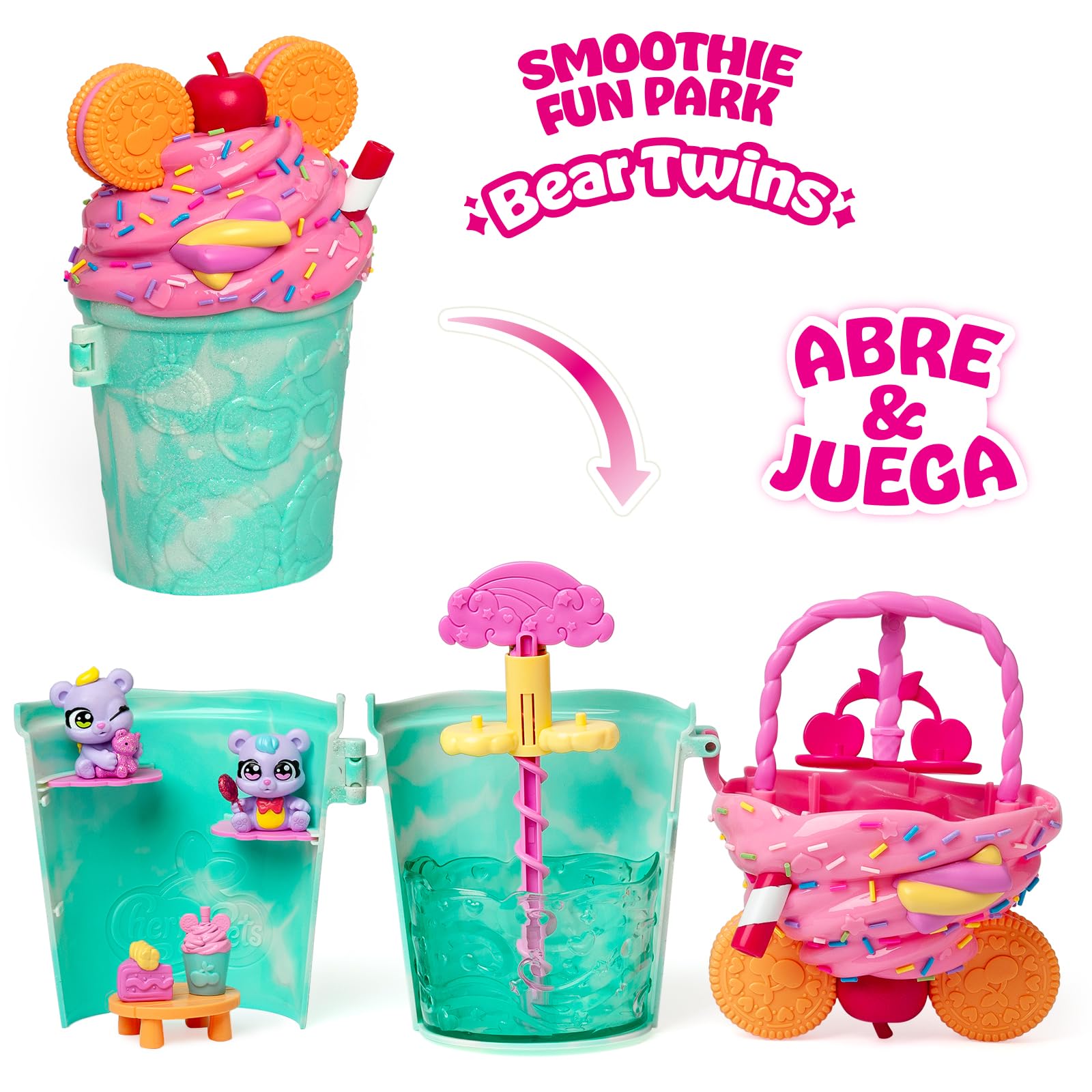 Cherry Pets – Smoothie Fun Park Bear Twins. Casita con Parque de Atracciones en Forma de Smoothie: Incluye 1 Smoothie, 2 Figuras exclusivas “Color Reveal” y 3 Accesorios - 2
