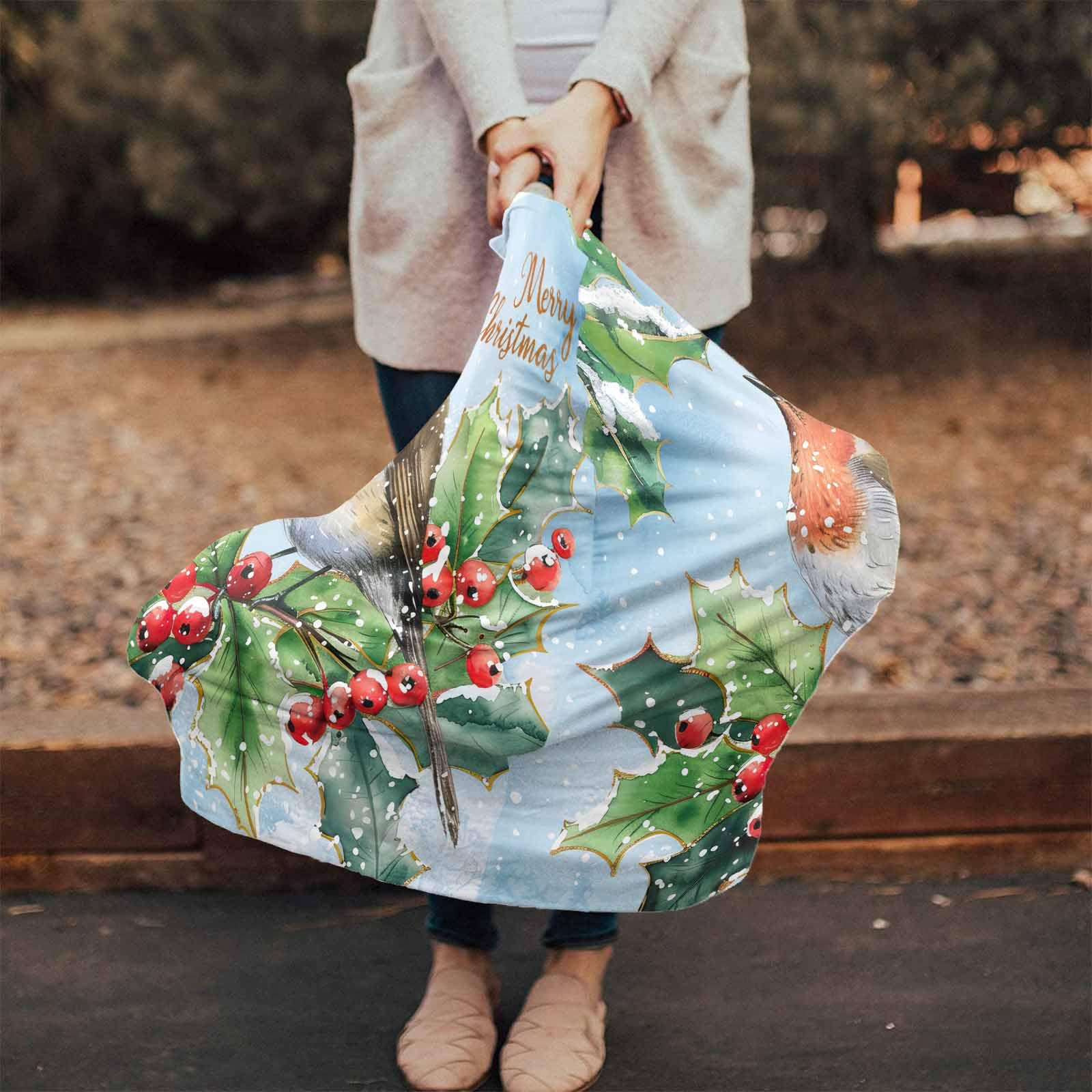 Nursing Cover for Breastfeeding Scarf, Realism Bird Berries Winter Xmas Baby Car Covers Super Soft Multi Use for Canopy Shopping Cart Cover Blanket Stroller Cover