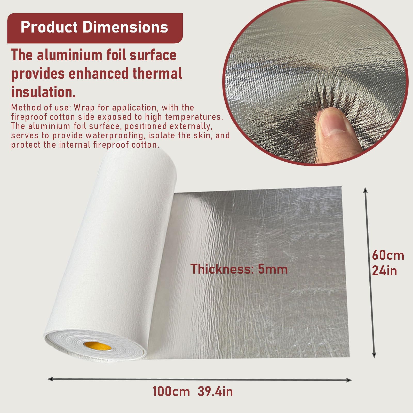 Keramikfaserpapier Mit Aluminiumfolie, 2300℉ Hochtemperatur-dichtungspapier, Selbstklebend, Dicke 3 Mm – 10 Mm, Flexibel Und Schneidbar Für Industri(Size:60cm×100cm×5mm,Color:Nicht klebende Rückseite)