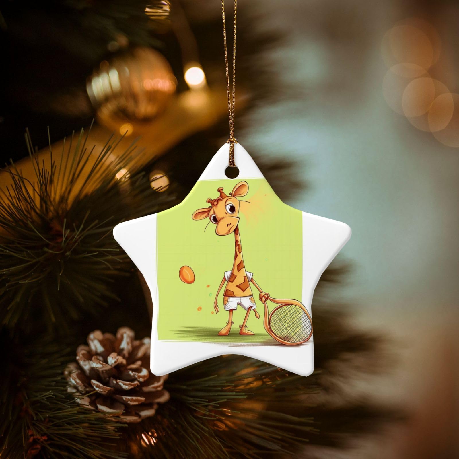 Christmas Tree Ornaments Ceramics Christmas Decorations Giraffe Playing Tennis Ornaments with Gold Ribbon Porcelain Xmas Tree Crafts Star Shape Hanging Pendant for Christmas Tree Party Decor