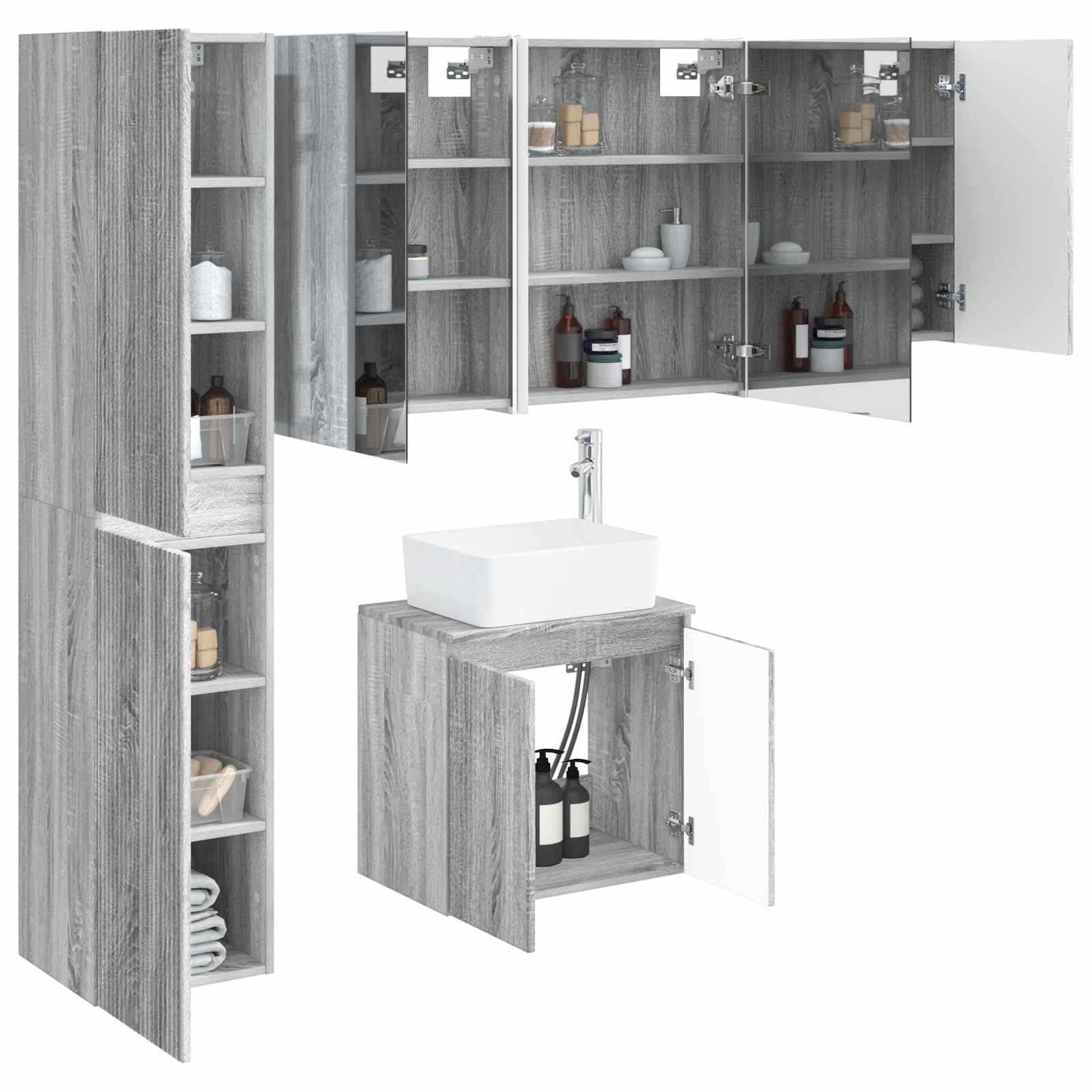 5-częściowy zestaw szafek łazienkowych Sonoma z lustrami LED, montaż ścienny, trwały, odporny na wilgoć, zajmuje mało miejsca, nowoczesny design, wszechstronne przechowywanie do łazienki i