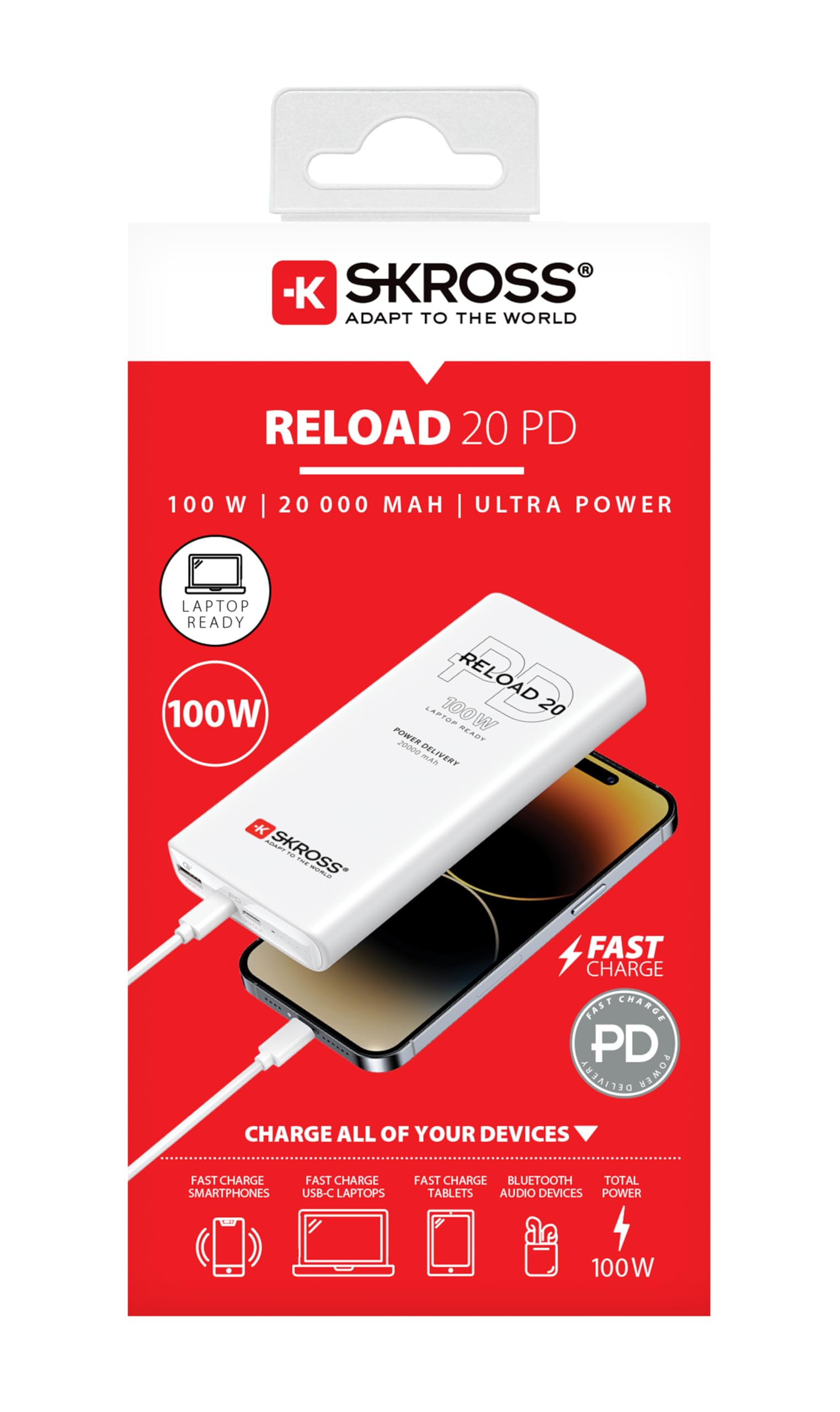 SKROSS - Reload 20 100 W PD - przenośna ładowarka - powerbank 20 000 Mha - 3 porty USB do szybkiego ładowania i kabel USB C o długości 20 cm wchodzą w zakres dostawy