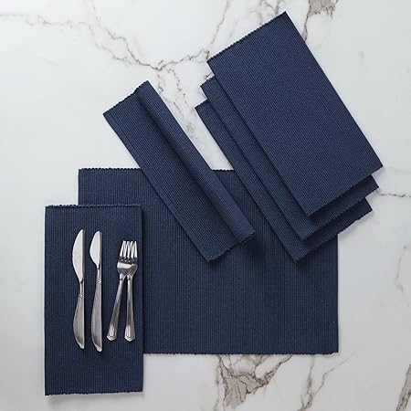 Encasa XO Dining Placemat Set of 6 | Solid Solid Navy Blue Color | Fine Ribbed Cotton Table mat | Size 19x13 in |for Dining Table Fall Decoration, Holiday & Christmas Festivals - Machine Washable
