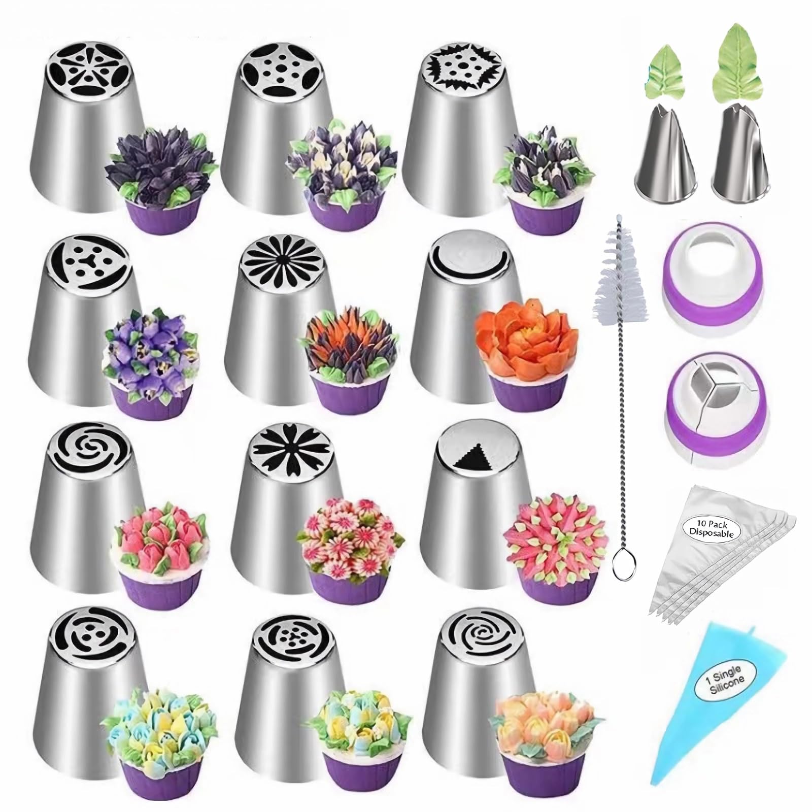 28 Pcs Russian Piping Tips Set, Frosting Nozzle Kit, Baking Supplies for Cookie Cupcake (12 Icing Tips 10 Pastry Baking Bags 2 Leaf Piping Tips 2 Couplers 1 Silicone Bag 1 cleaning brush)