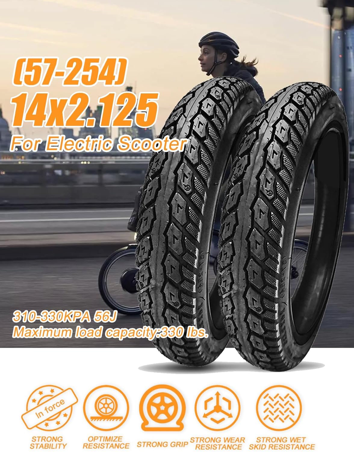 2 Pack Electric Bike 14 Inch Tire 14x2.125(57-254) Explosion-Proof Bicycle Tire Tubeless Puncture Resistant Ebike Tire Suitable for E Bikes for Men, Kids, 44-55 PSI