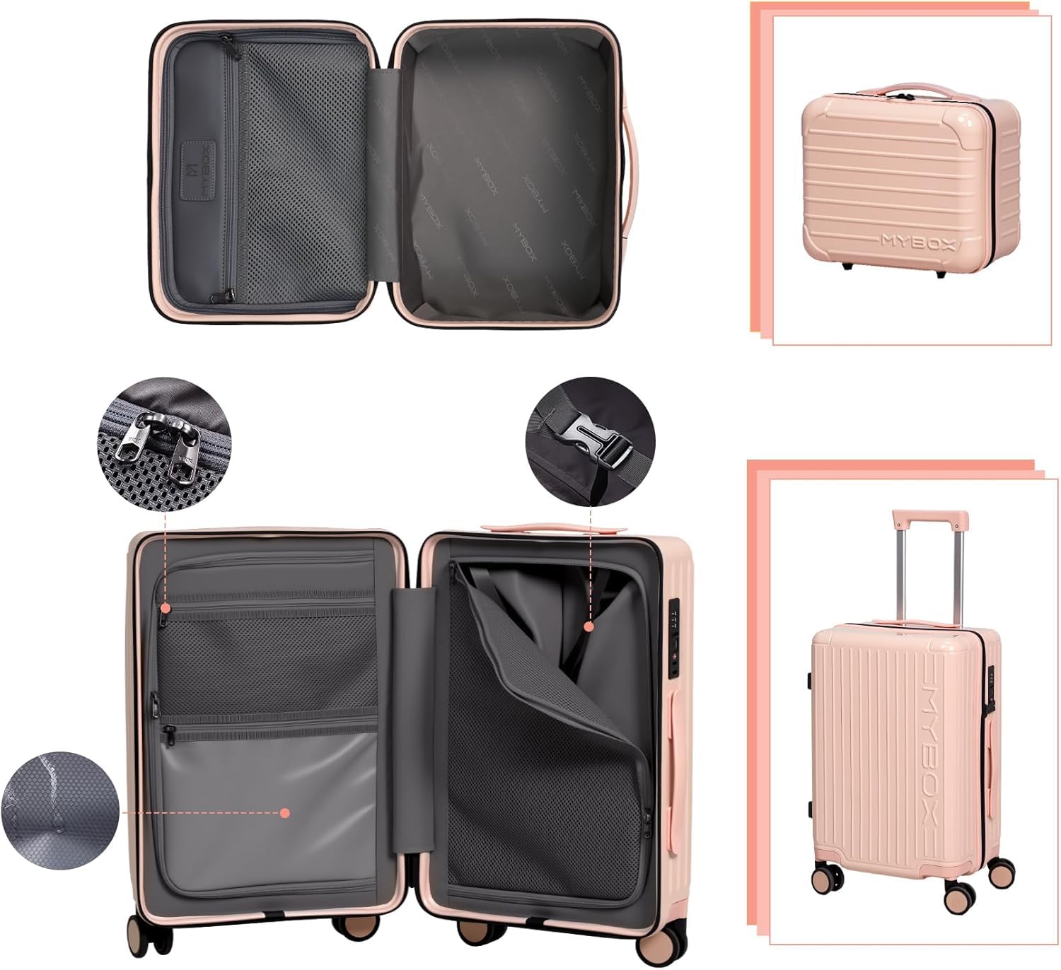 MYBOX Juego de equipaje de 2 piezas con equipaje de mano de 20 pulgadas y funda de viaje de 12 pulgadas, maleta rígida de policarbonato con ruedas giratorias, puerto USB, portavasos, gancho lateral