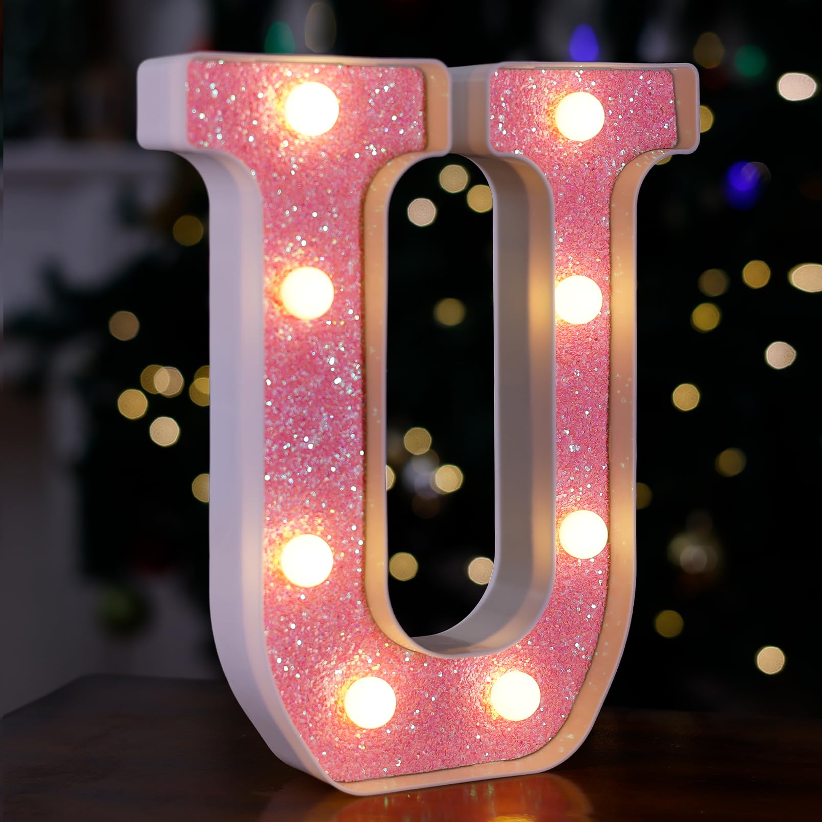 Photo 1 of TRONSBOO LED Letter Lights Pink Glitter Marquee Letters Light Up Alphabet Letters Sign Battery Powered for Home Party Decoration Night Bar Wedding Birthday Christmas Lamp Girls Gift - Letter U
