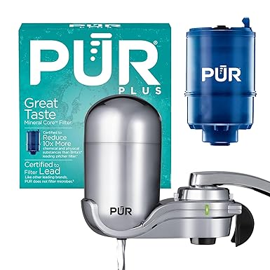 PUR PLUS Vertical Faucet Mount Water Filtration System, Lead-Reducing Filter, Great-Tasting Water, Easy Install, Lasts 100 Gallons, Compatible with Sinks with External Aerators, Chrome
