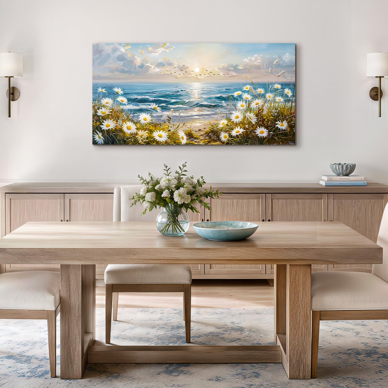 SERIMINO Aesthetic Wandbild Meer Wildblume Bilder Wohnzimmer 59x119 cm | Gänseblümchen Meer Wanddeko Hochauflösender Druck Stabiler Holzrahmen Geschützte Leinwand Einfache Montage Vielseitig Nutzbar