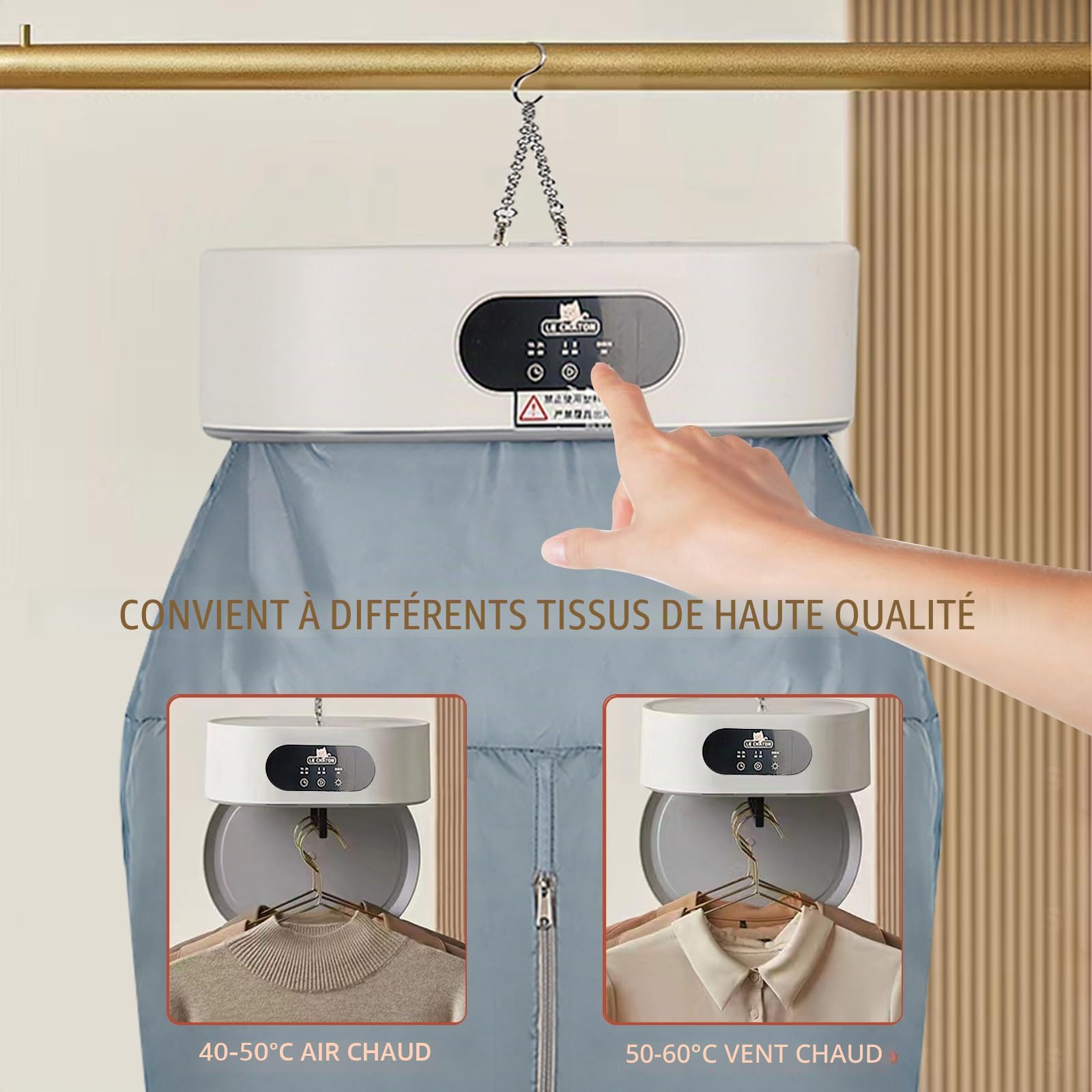 Séchoir à linge, sèche-linge portable pour appartements, voyages, dortoirs, caravanes, contrôle temporel, chauffage PTC. Sac à linge et cintres. Convient pour les vêtements, sous-vêtements