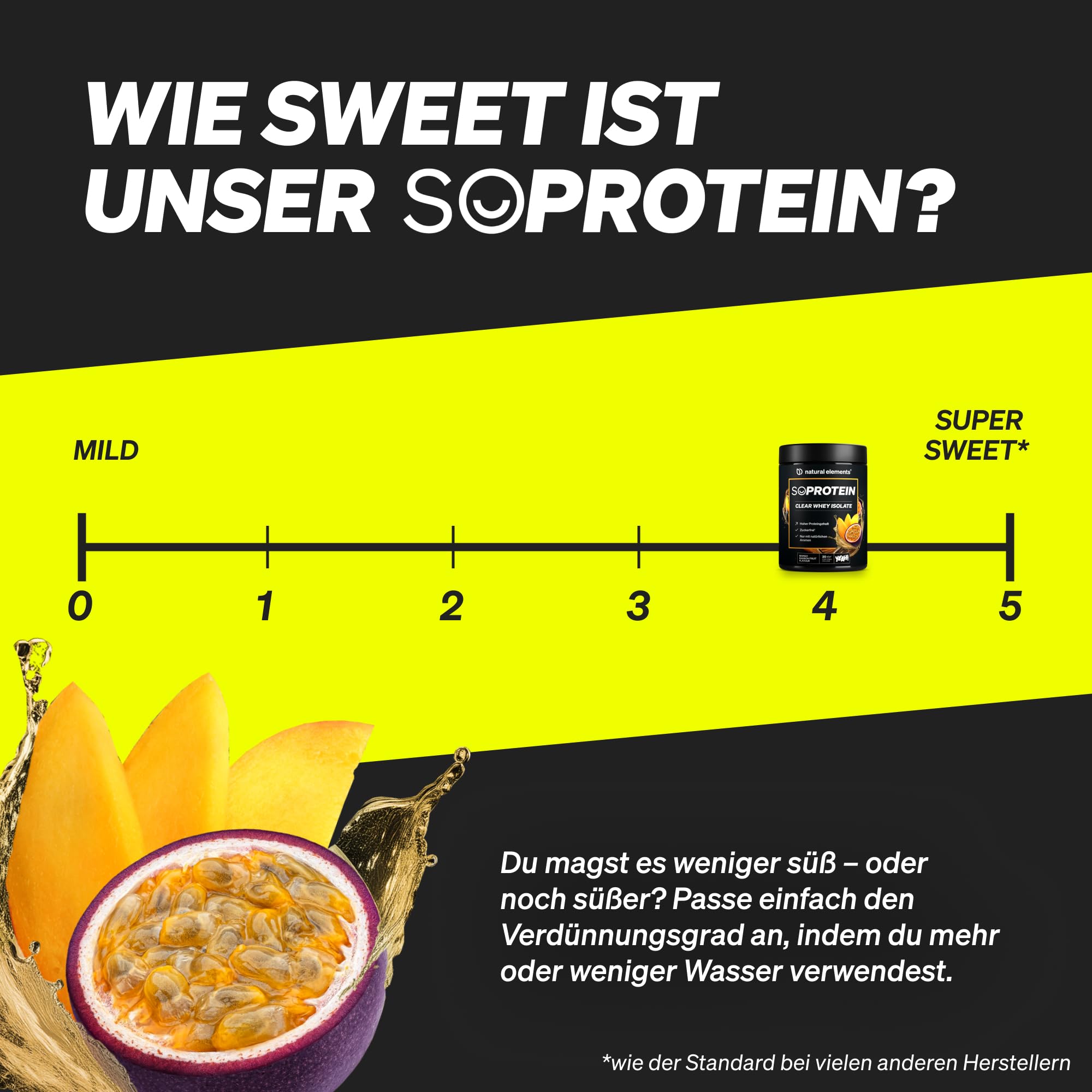 natural elements SoProtein Clear Whey Isolate – Mango Maracuja Geschmack – 600g Proteinpulver – 25g Protein – erfrischender Protein-Shake, optimal löslich – in Deutschland entwickelt & laborgeprüft