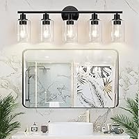 Vista 7 de Accesorios de iluminación de baño de 5 luces, luces de tocador modernas negras con pantalla de vidrio transparente, lámpara de pared de baño