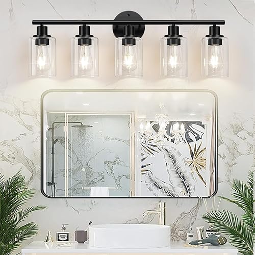 Miniatura 7 de Accesorios de iluminación de baño de 5 luces, luces de tocador modernas negras con pantalla de vidrio transparente, lámpara de pared de baño
