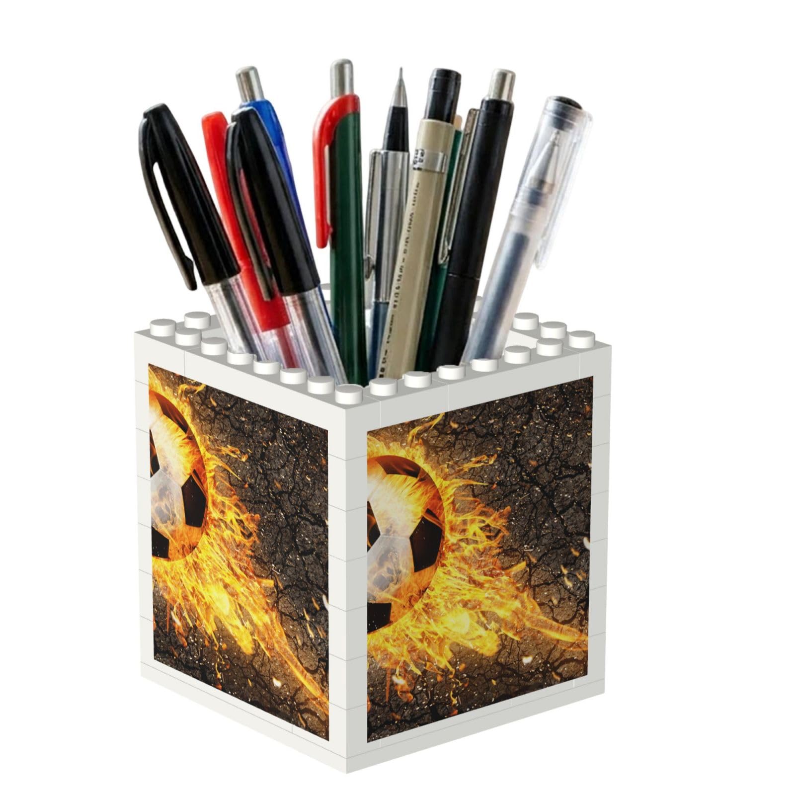 Poadnly Soccer Ball In Burning Fire Flames, Pen Pot Pencil Holder for Office Home School, Compact Desk Organiser for Office Stationery