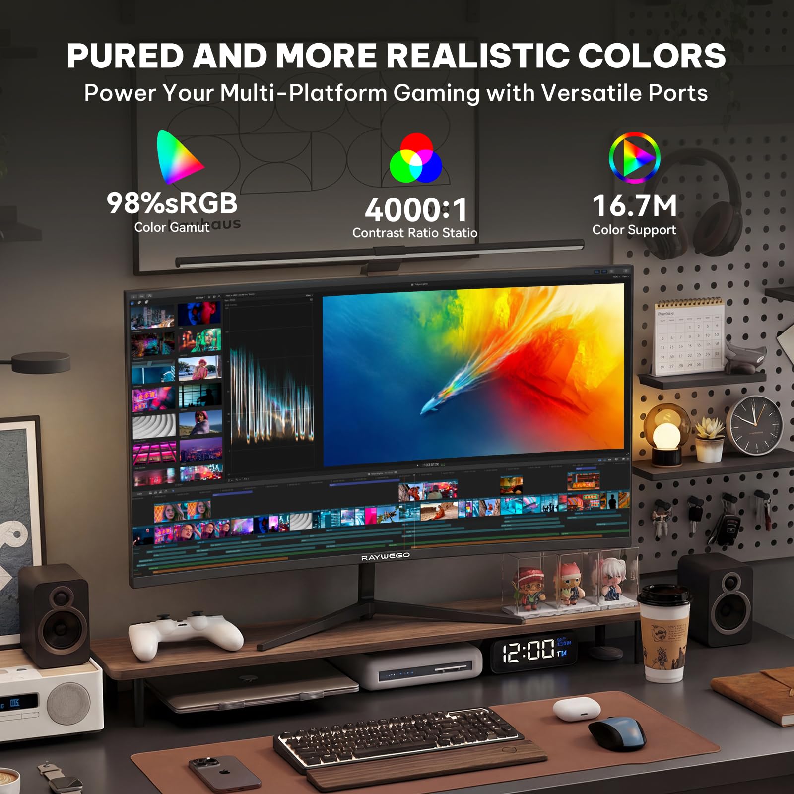Raywego Monitor curvo 3000R da 24 pollici, 100 Hz, FHD 1920 x 1080p, frequenza di aggiornamento 16:9, proporzioni ergonomiche, inclinazione e compatibile VESA, monitor da gioco