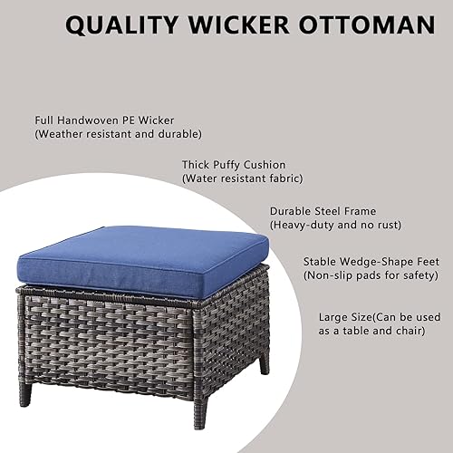 Miniatura 4 de Reposapiés otomanos para exteriores, 2 piezas, reposapiés otomano de mimbre de ratán con cómodos cojines para patio, porche, terraza, balcón, jardín