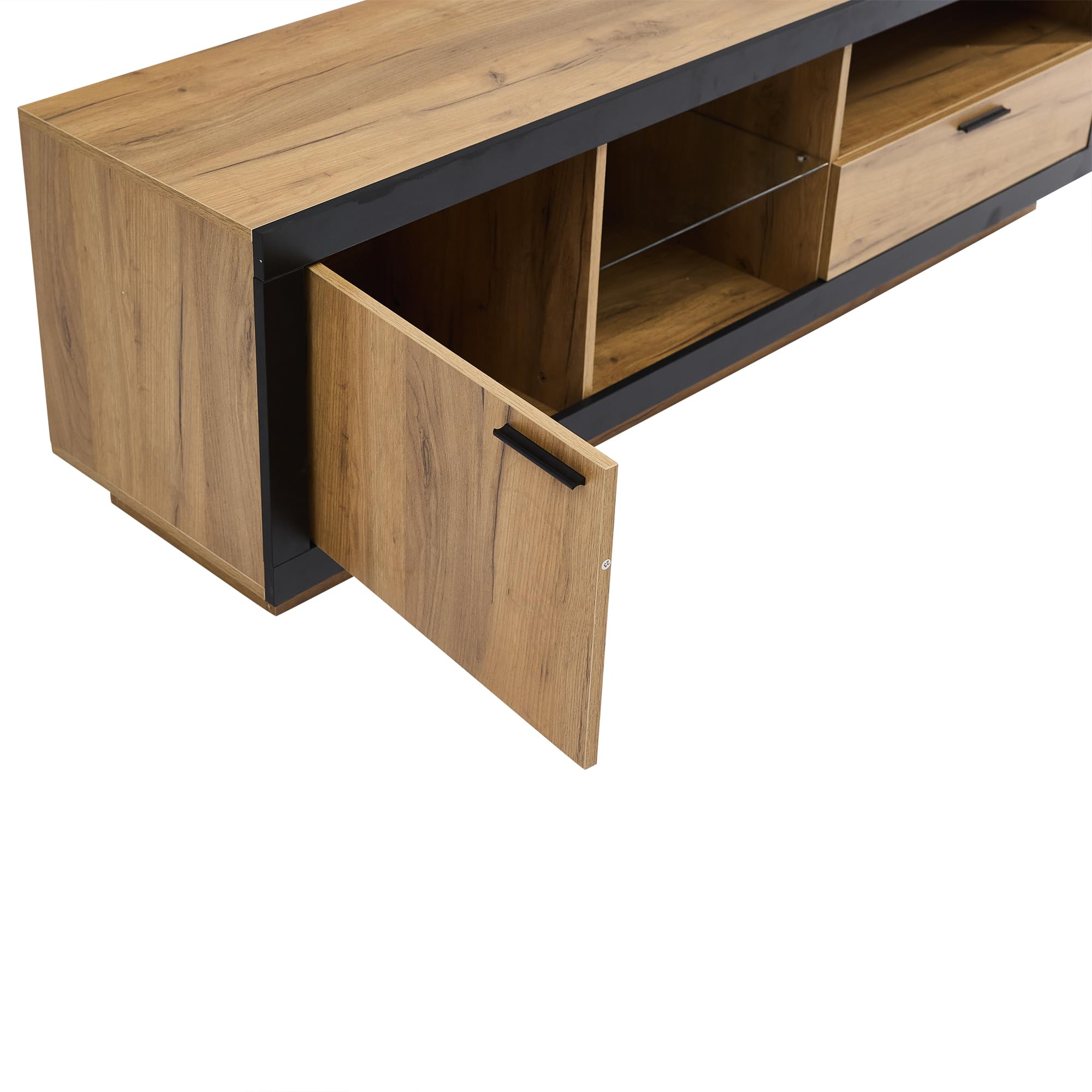 Commode TV avec éclairage LED Portes tiroirs étagères Ouvertes lowboard pour téléviseurs Jusqu’à 70 Pouces Meuble TV pour Salon Chambre à Coucher Meuble TV Table TV Noir + chêne