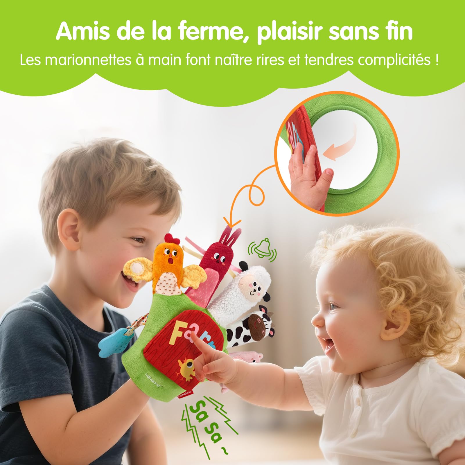 hahaland Jouet Bébé 6-12 Mois – Marionnettes Animaux de Ferme avec Anneau de Dentition & Papier Froissé, Jouet Sensoriel Montessori pour Bebe Fille Garçon 6 9 12 Mois