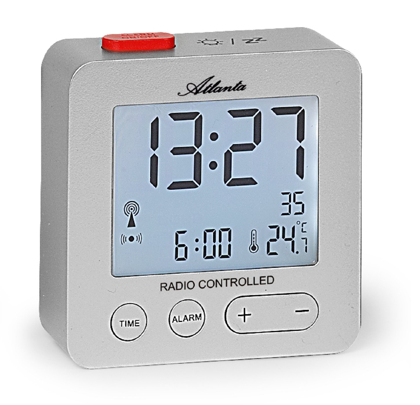 Depan view of the Atlanta 1882-19 Digital LCD Alarm Clock, displaying time, date, and temperature.