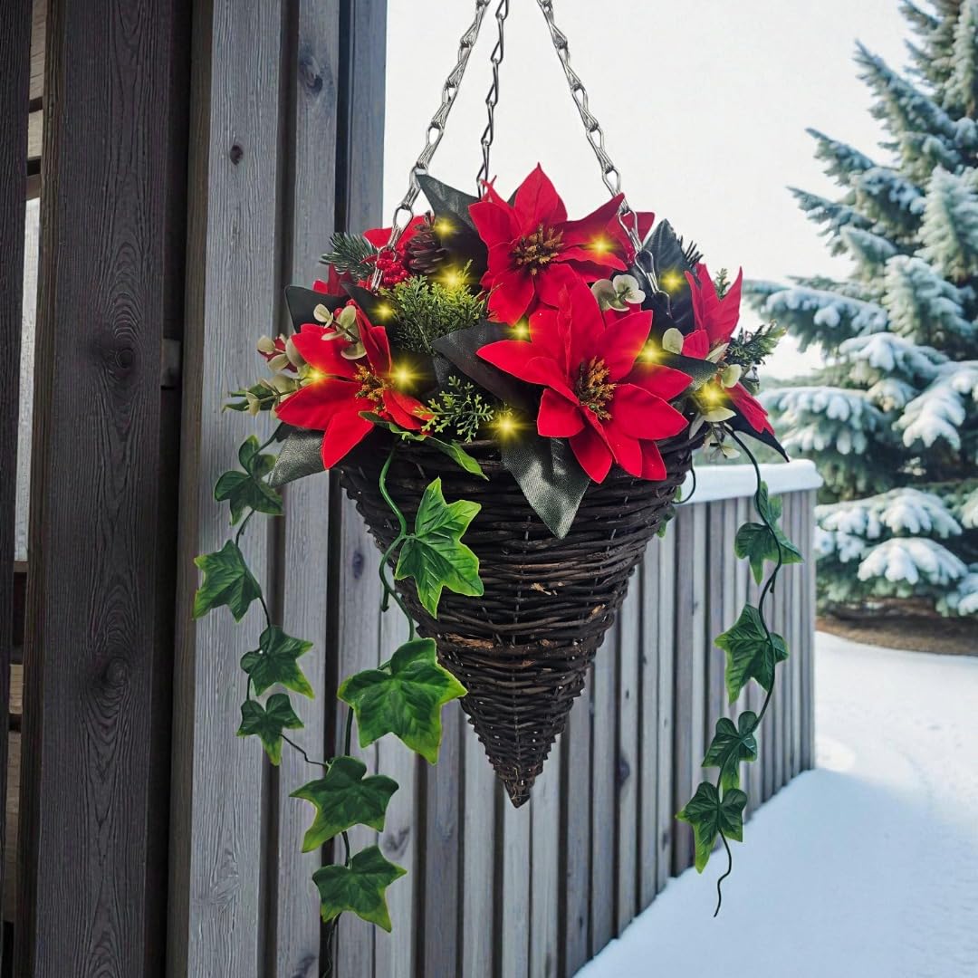 Best Artificial Red Pre Lit Christmas Poinsettia Cone Hanging Basket, 30Cm, Flowers, Berries, Pine Cones With Warm White Lights