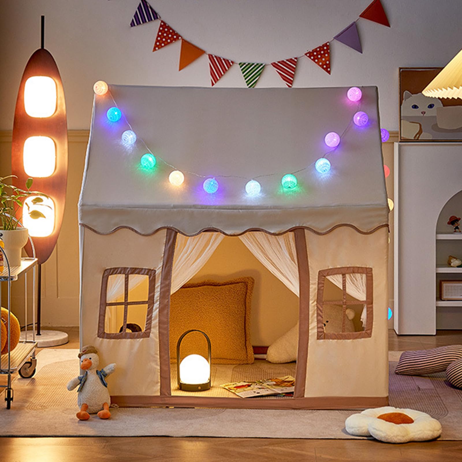 VUCATIN Large Tent for Kids, Kids Tent House Indoor, Toddle Baby Play Tent with Mat, Banner, Light, Camp Outdoor Play House Toy Room for Boys Girls with Party Decoration 3-10Y (1)