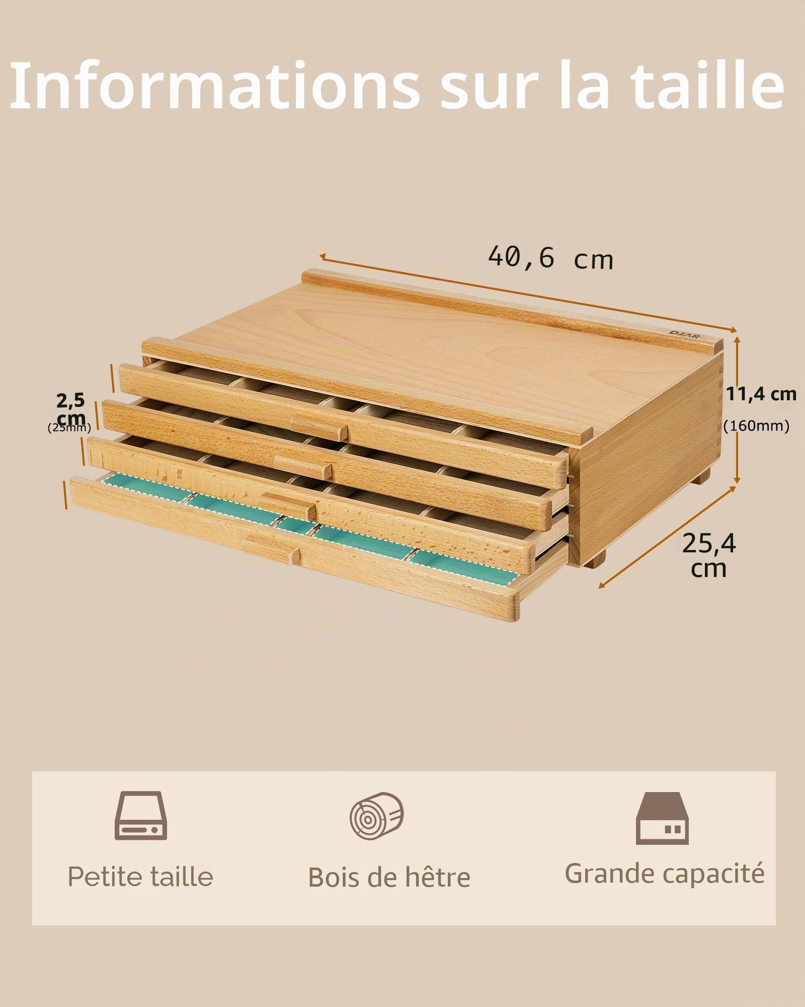 DJAR Boîte de Rangement à 4 Tiroirs pour Matériel d'Art, Organisateur de Bureau en Bois de Hêtre pour Pastels, Pinceaux, Crayons, Tiroirs Amovibles, Naturel
