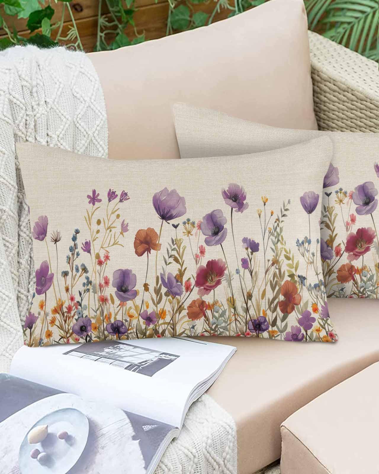 Boanket Lumbar Pillow Covers 12 x 20 in, Purple Red Spring Floral Waterproof Throw Pillow Cover Set of 2, Botanical Summer Flowers Home Decorative Rectangle Cushion Covers for Patio/Tent/Couch/Garden