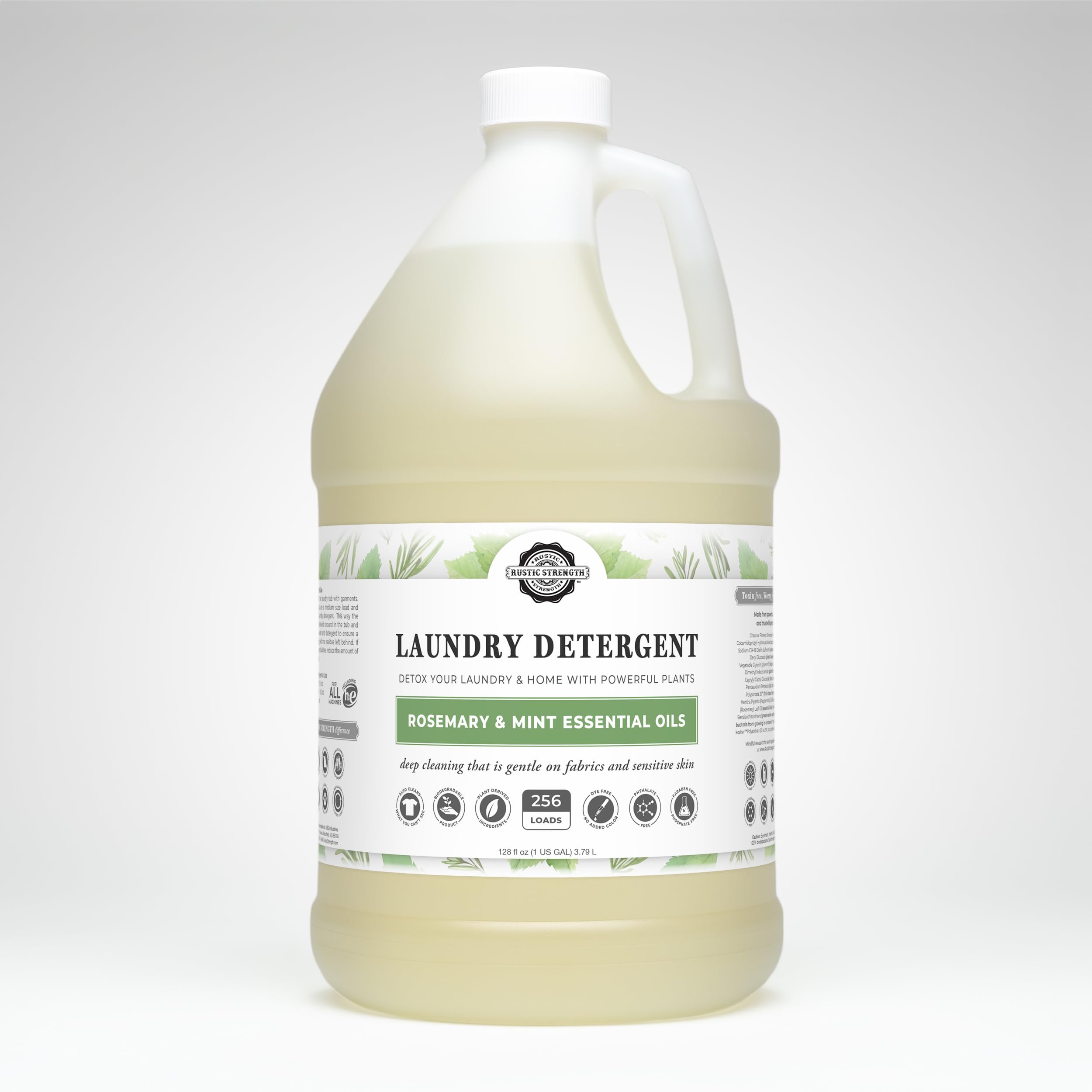 Rustic Strength Natural Laundry Detergent, Rosemary Mint, Liquid, Color Safe, Sensitive Skin, HE Compatible, Gallon Plastic