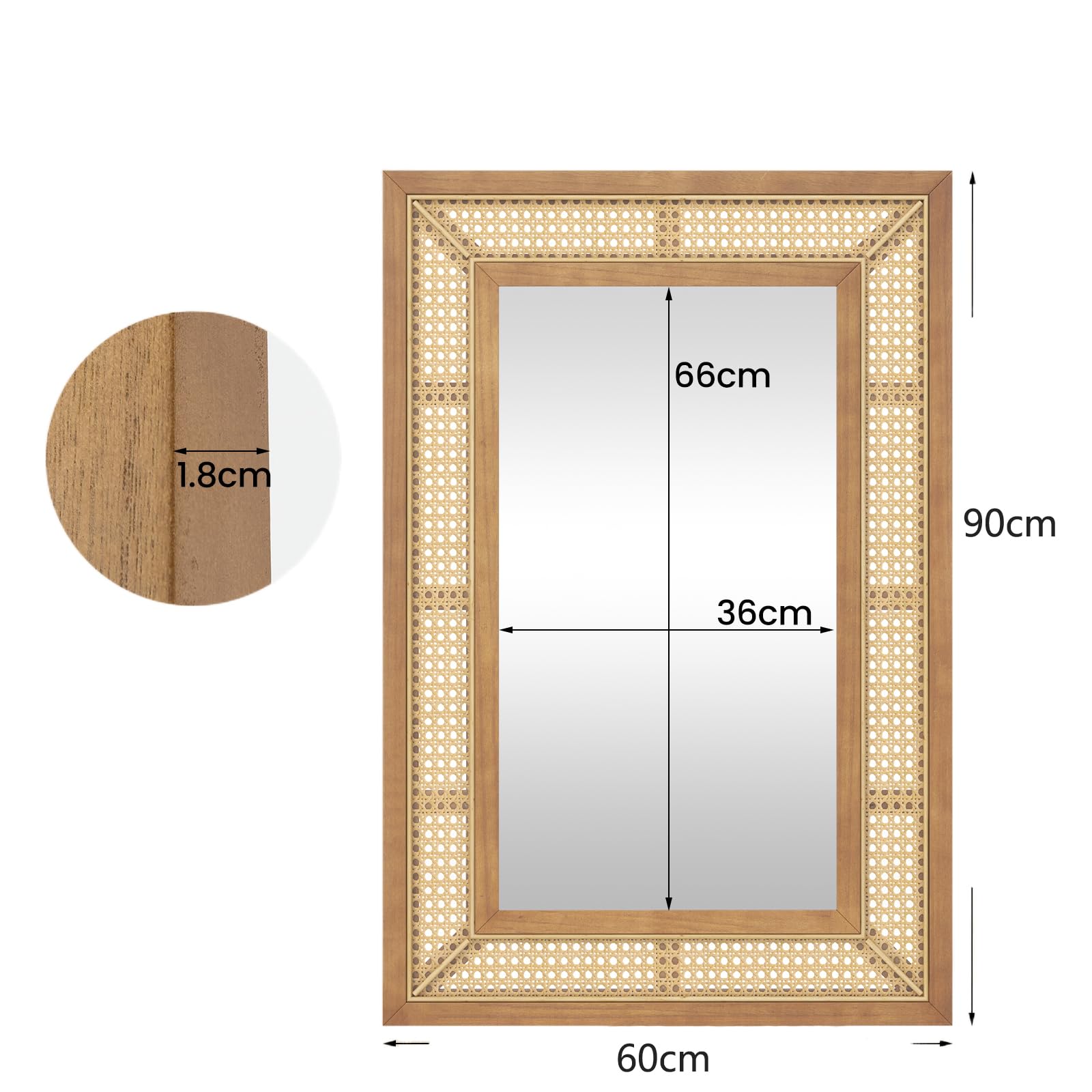 GOPLUS Espejo de Pared de Ratán, Espejo Colgante Rectángulo, Vidrio de Aluminio, Decorativo Rústico para Sala, Dormitorio, Entrada, Baño, Instalación Fácil, Natural, 90 x 60 cm