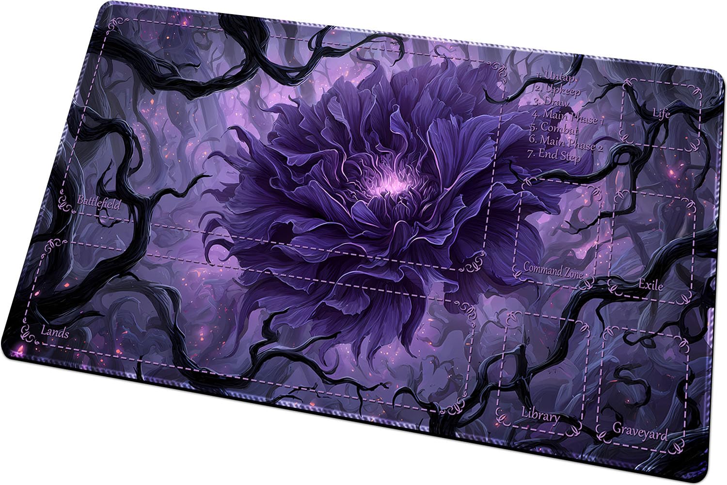BUIBUIC MTG Playmats(Stitched) 14x24in Compatible for OCG CCG RPG TCG Playmats with Card Zones Storage Bag (Purple Peony-with Zone)