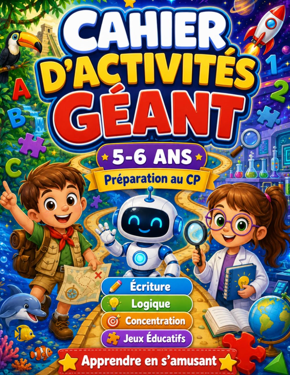 Cahier d'Activités Géant 5-6 Ans: Préparation au CP, Écriture, Logique, Concentration et Jeux Éducatifs pour Apprendre en S'Amusant