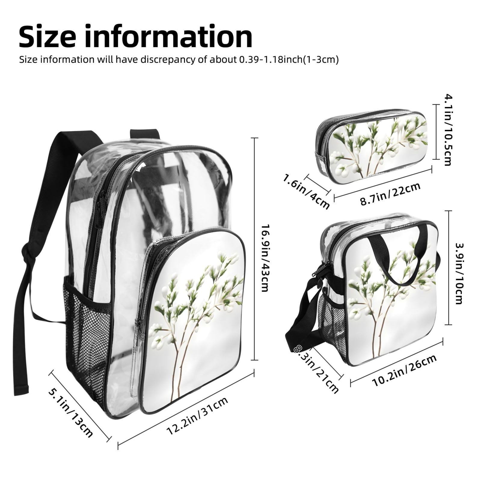 Rucksack-Set, 3-in-1, transparent, für Schule, Arbeit, Stadion, Veranstaltungen und den täglichen Gebrauch, Weiß