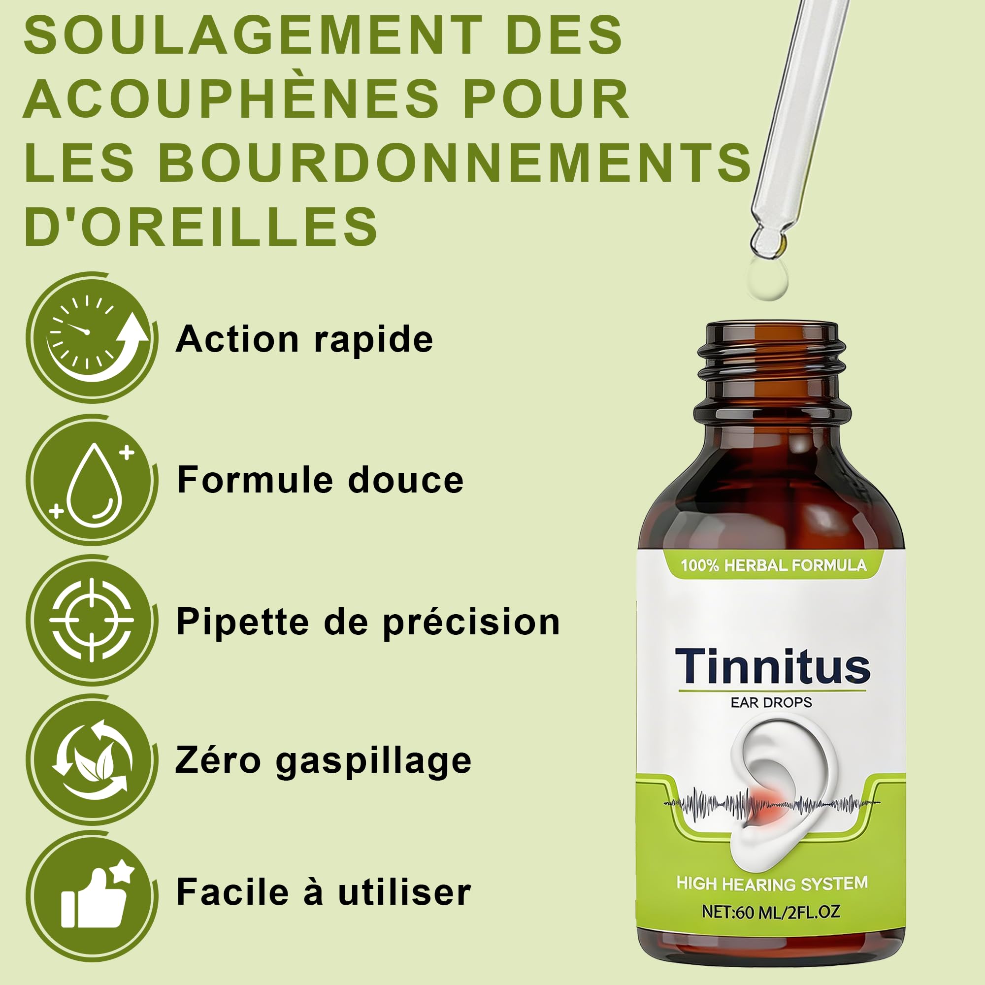 Gouttes pour acouphènes (60 ml) - gouttes auriculaires pour réduire le bruit, apaiser les oreilles bouchées et favoriser une audition claire I soulagement acouphènes, formule douce
