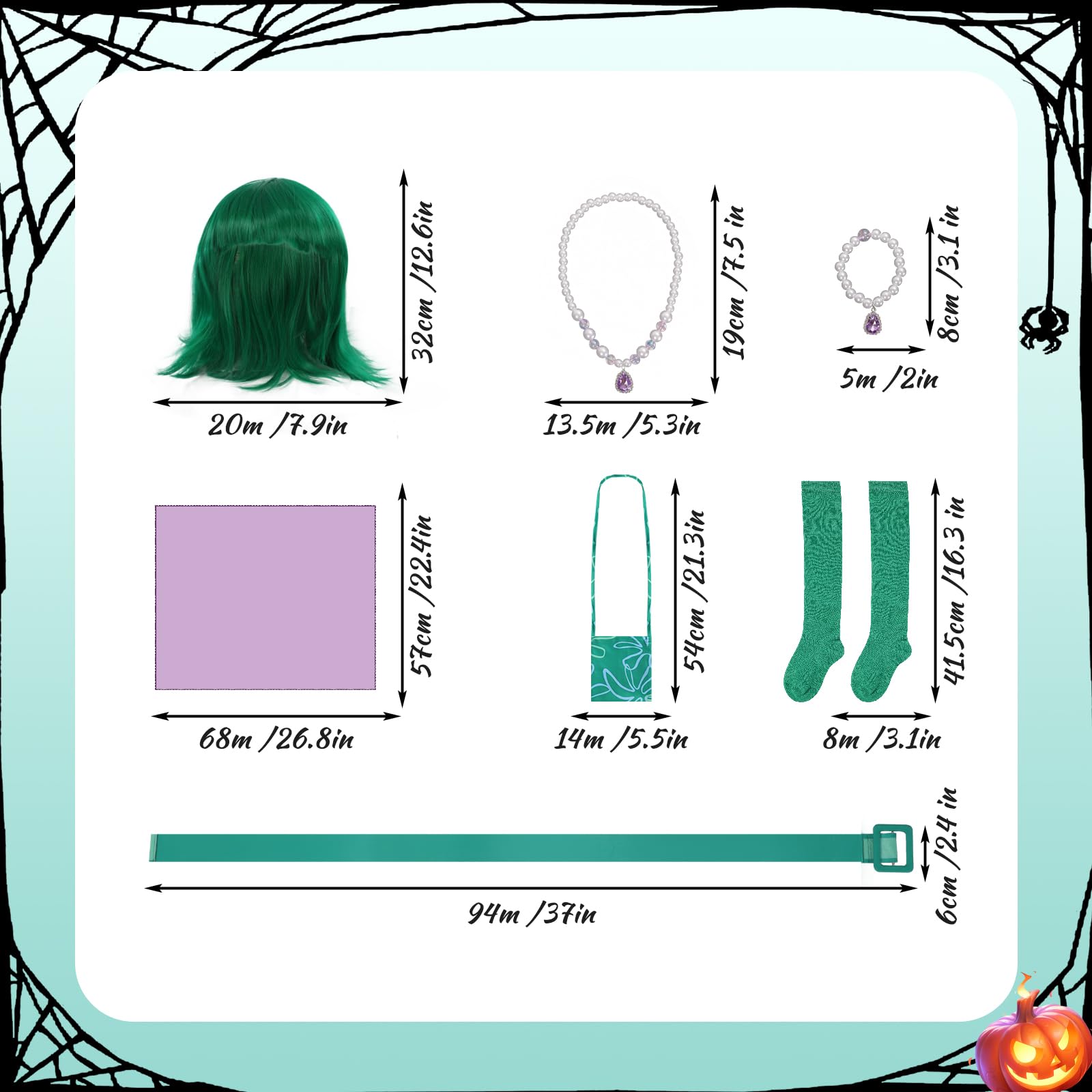 Lyxaof 9Pcs Kids Disgust Inside Out Costume Girls Green Princess Dress with Wig Hairnet Bag Necklace Stocking Halloween Christmas Dress Up Outfit (Green - Image 4