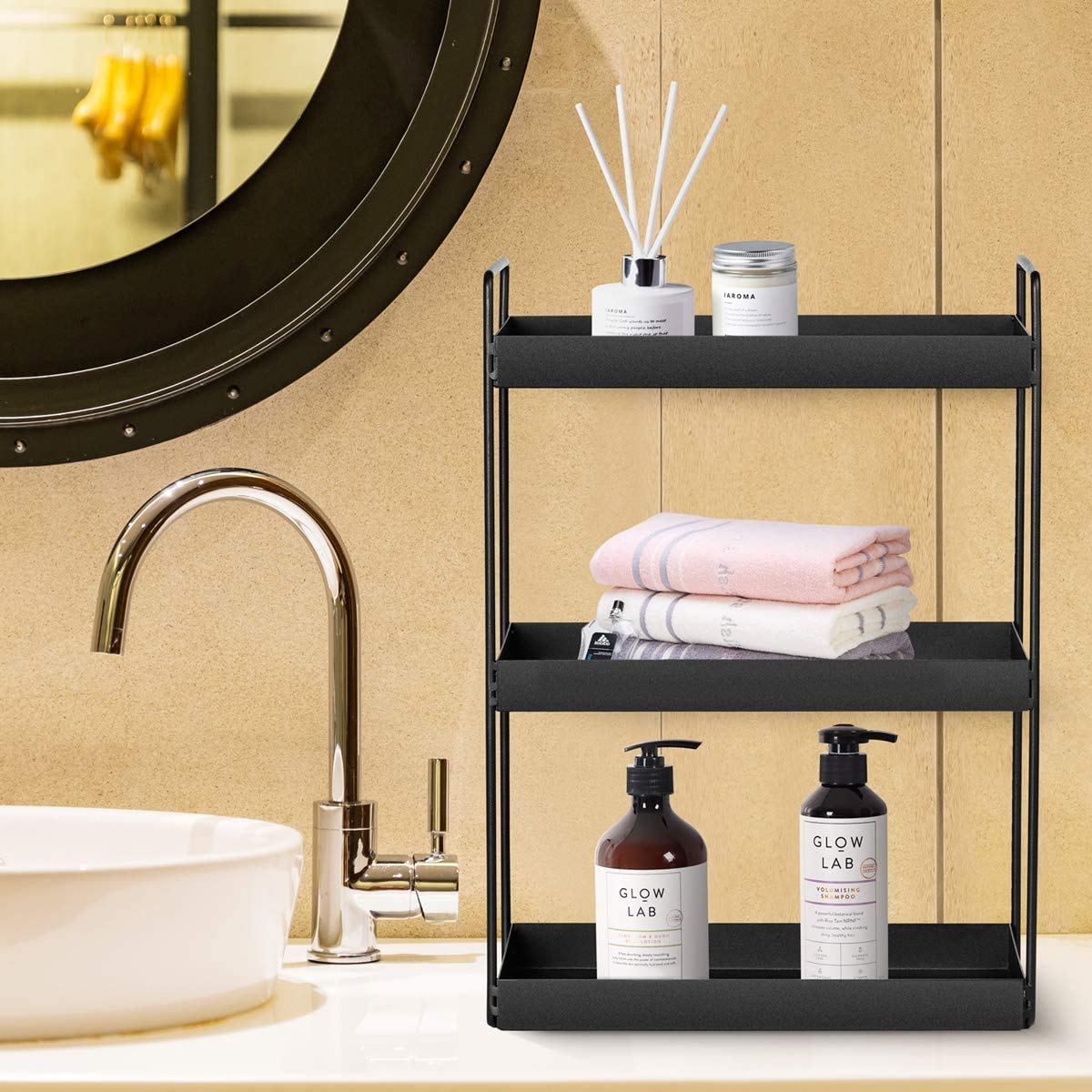 Küchen Gewürzregal Standregale mit 3 Ebenen Duschablage aufbewahrung Badezimmer Arbeitsplatte Unterschrankregal Organizer Vanity Tray Kosmetik & Make-up Lagerung, Schwarz
