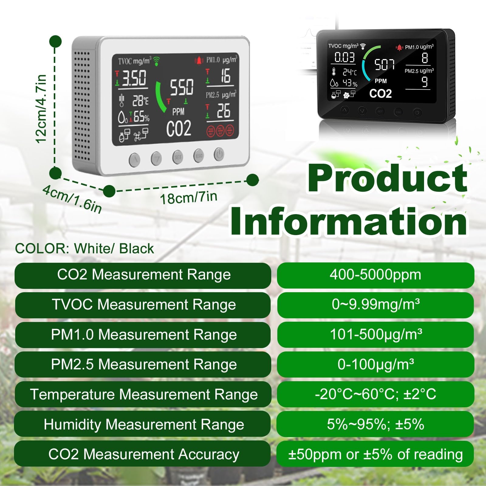 Monitor jakości powietrza do domowego biura, Wi-Fi CO2 TVOC PM2.5 PM1.0 tester temperatury i wilgotności, ulepszona wersja 2026