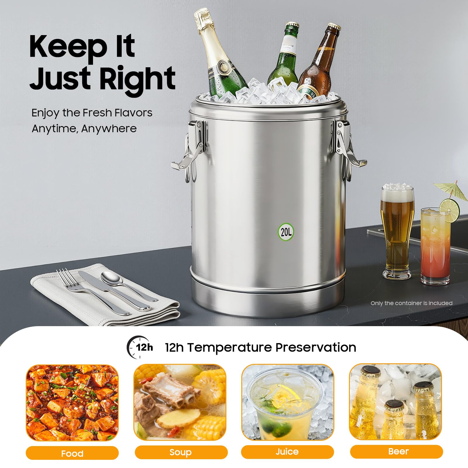 Contenitore termico in acciaio inox da 20 l, con coperchio, 43 x 31 x 31 cm, 3,8 kg | Acciaio inossidabile per uso alimentare, caldo e freddo per 12 ore, chiusura ermetica, manici termoisolati