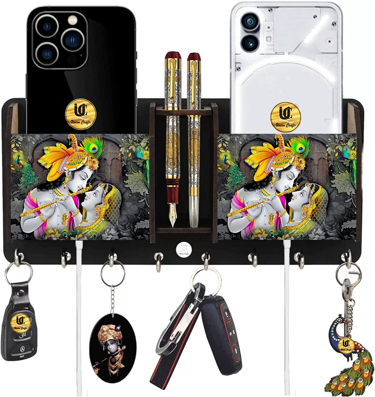 CRAFTY COTTAGE Wooden Wall Mounted Designer Key Holder | Mobile & Pen Storage Box & Holder with 8 Stainless Steel Hooks (Radhe Krishna Design Print)
