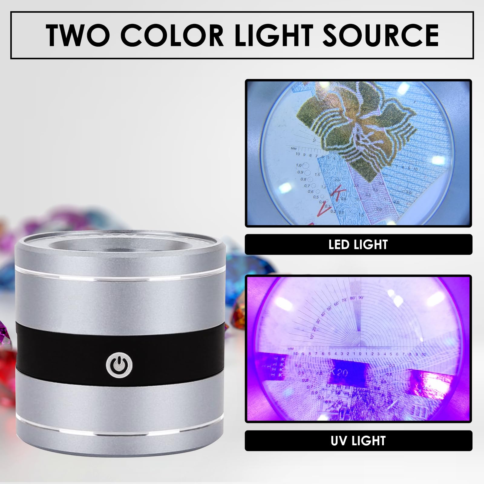 Edelsteinlupe mit 10-facher Vergrößerung, Präzisionslupe mit 30-mm-Objektiv, Dual-LED- und UV-Licht, tragbares Aluminiumlegierungs-Design, Typ-C USB wiederaufladbar, kompakt für Gemologen und Sammler