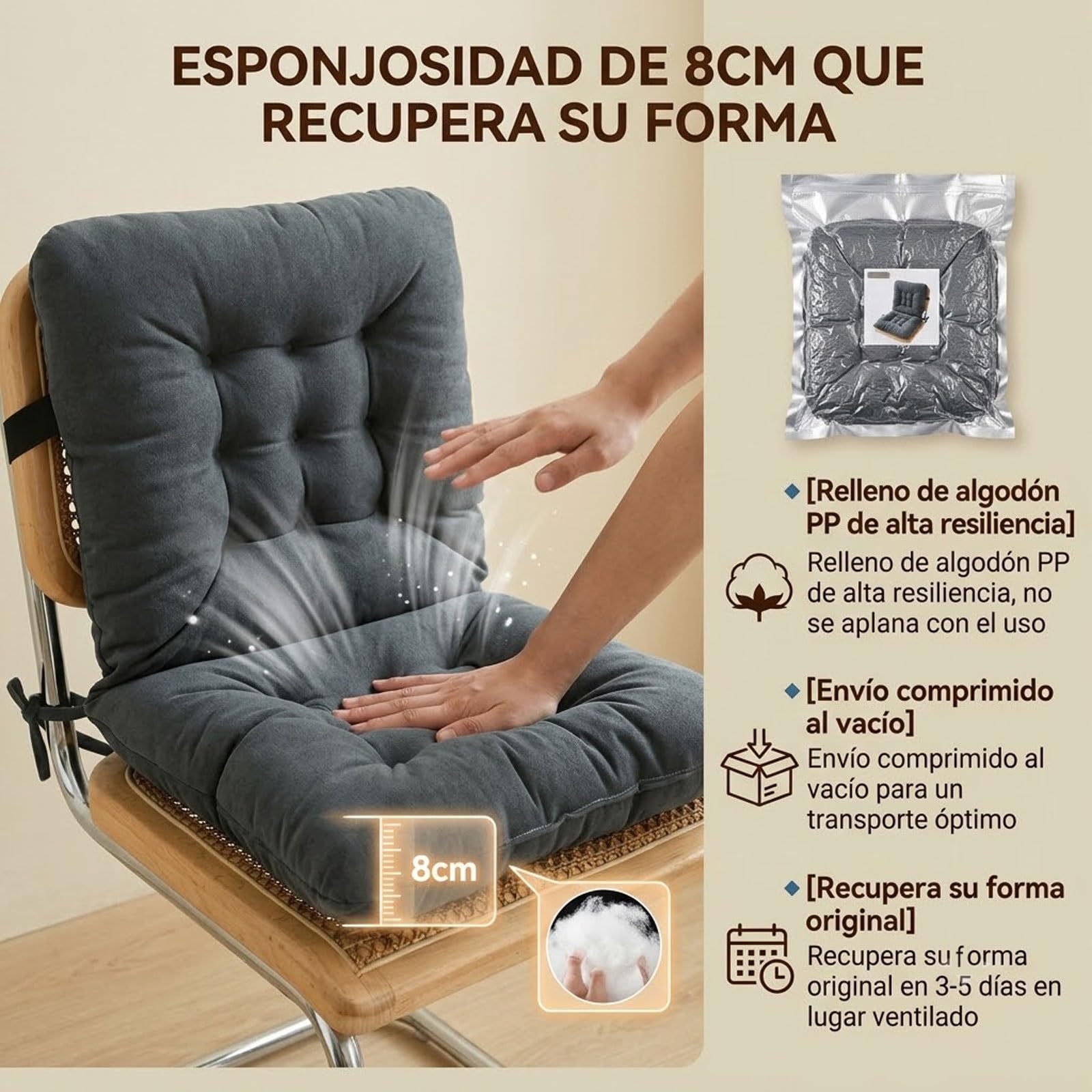 Genérico Cojín Silla con Respaldo 40x40cm, Suave Transpirable con Lazos, Cojín Asiento para Oficina Cocina Jardín Terraza, Grosor 8cm(Gris Claro)