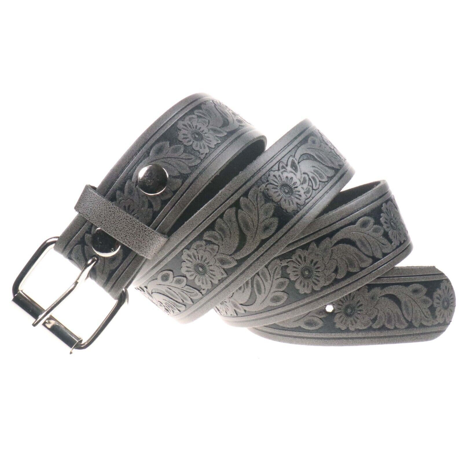 BULLET 69 Mens Belts Cow Leather Mens Womens Leather Belts 40mm Handmade In UK[Special Grey,Small 28" - 32" Waist,Flower Emboss]