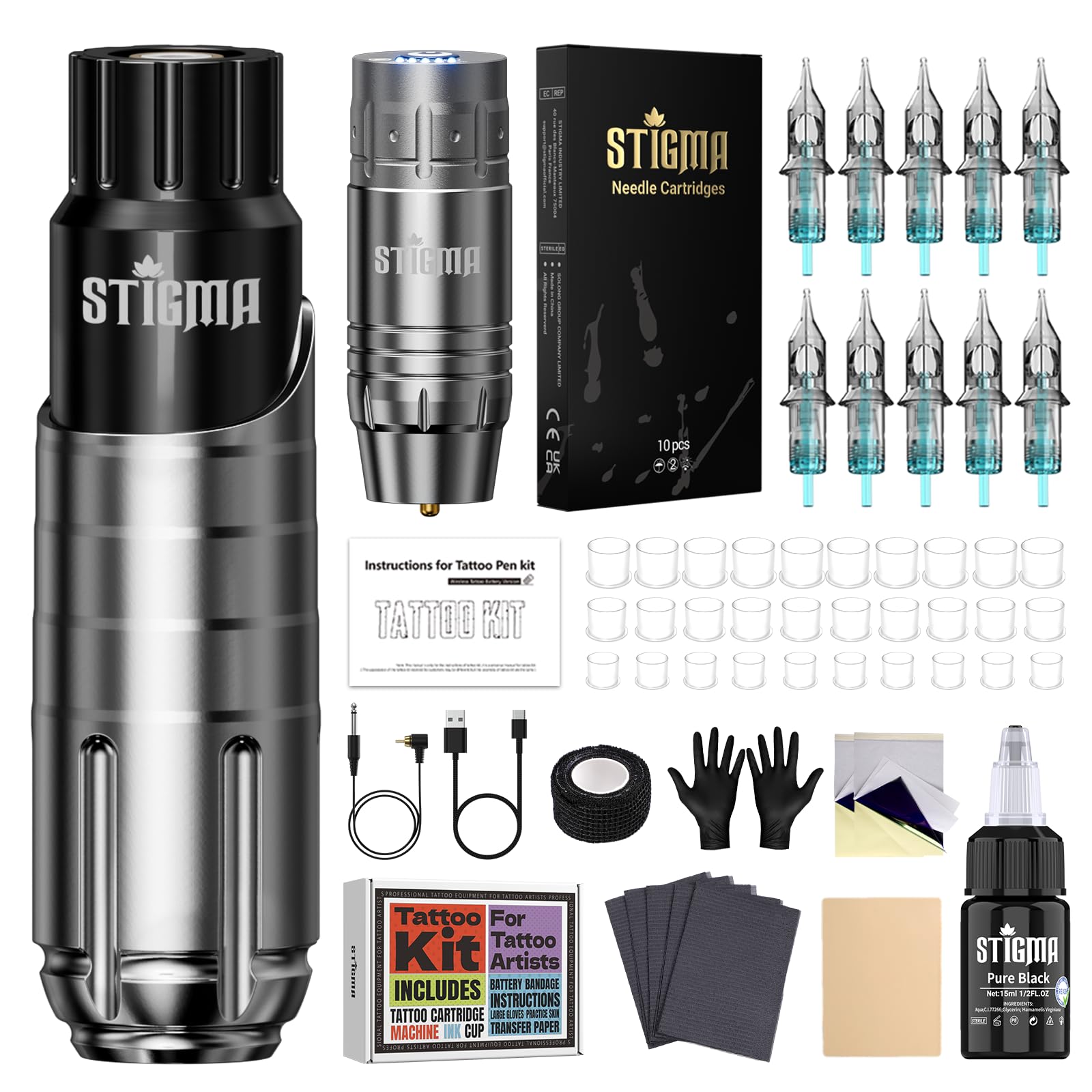 STIGMA Maquina de Tatuar, Kit Completo para Principiantes Inalanbrica Bateria con Maquina de Tatuaje Negra,Agujas,Tinta etc.