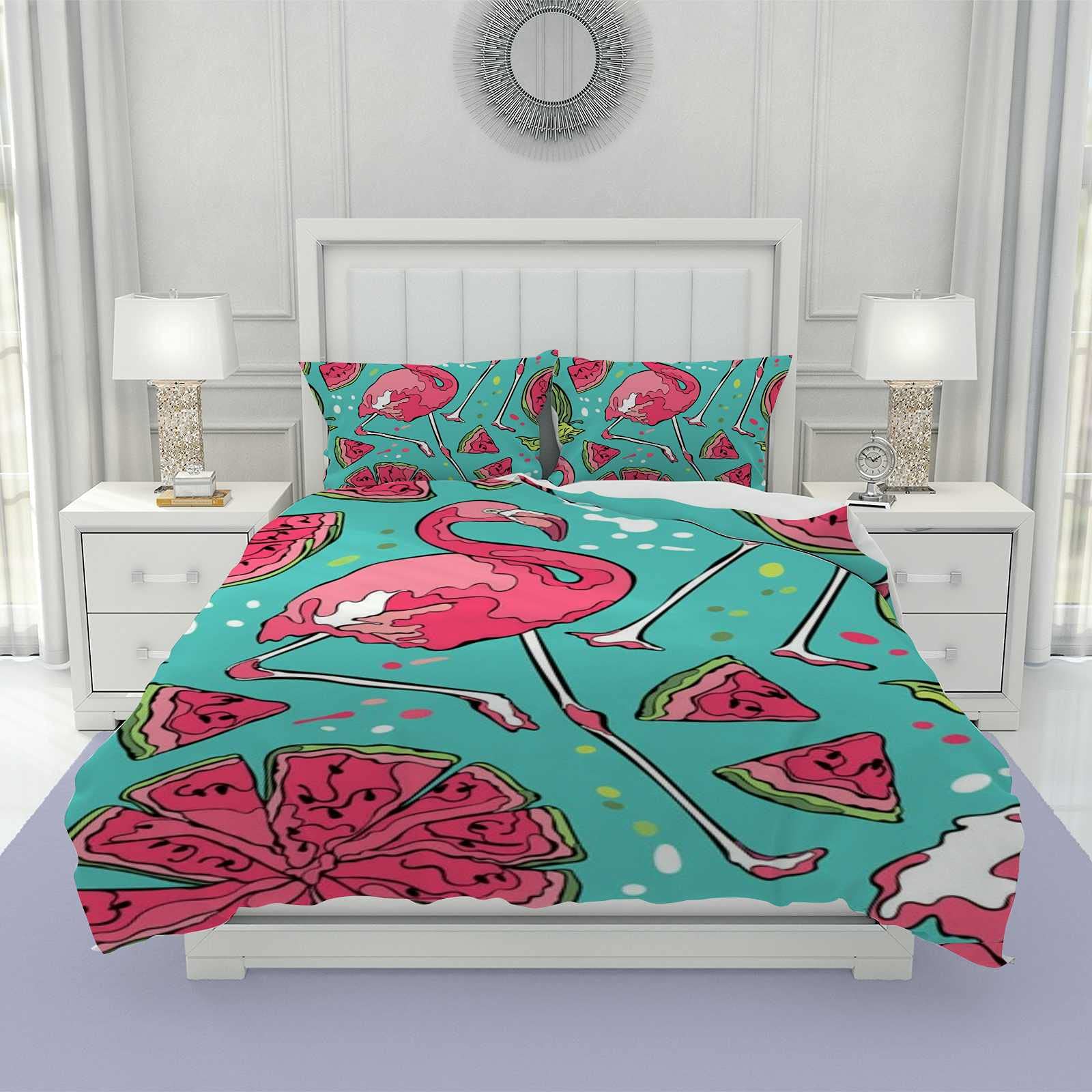 Housse de couette et taie d'oreiller polyester durable motif flamant rose pastèque CHEHONG