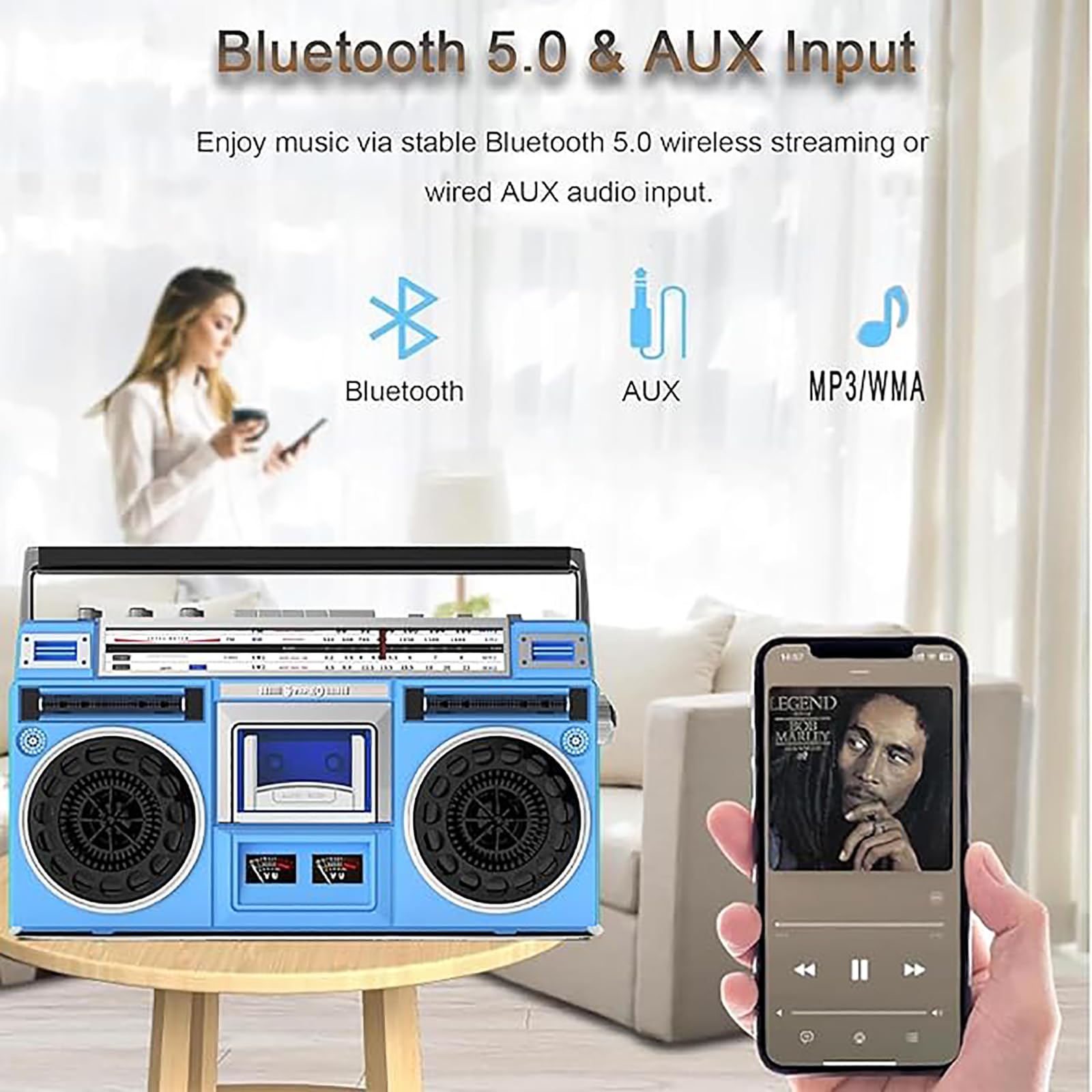 Tragbarer Kassettenrekorder mit CD-Soundmaschine, USB-Host, dynamischem Bass, MP3-CD- und Kassettenwiedergabe