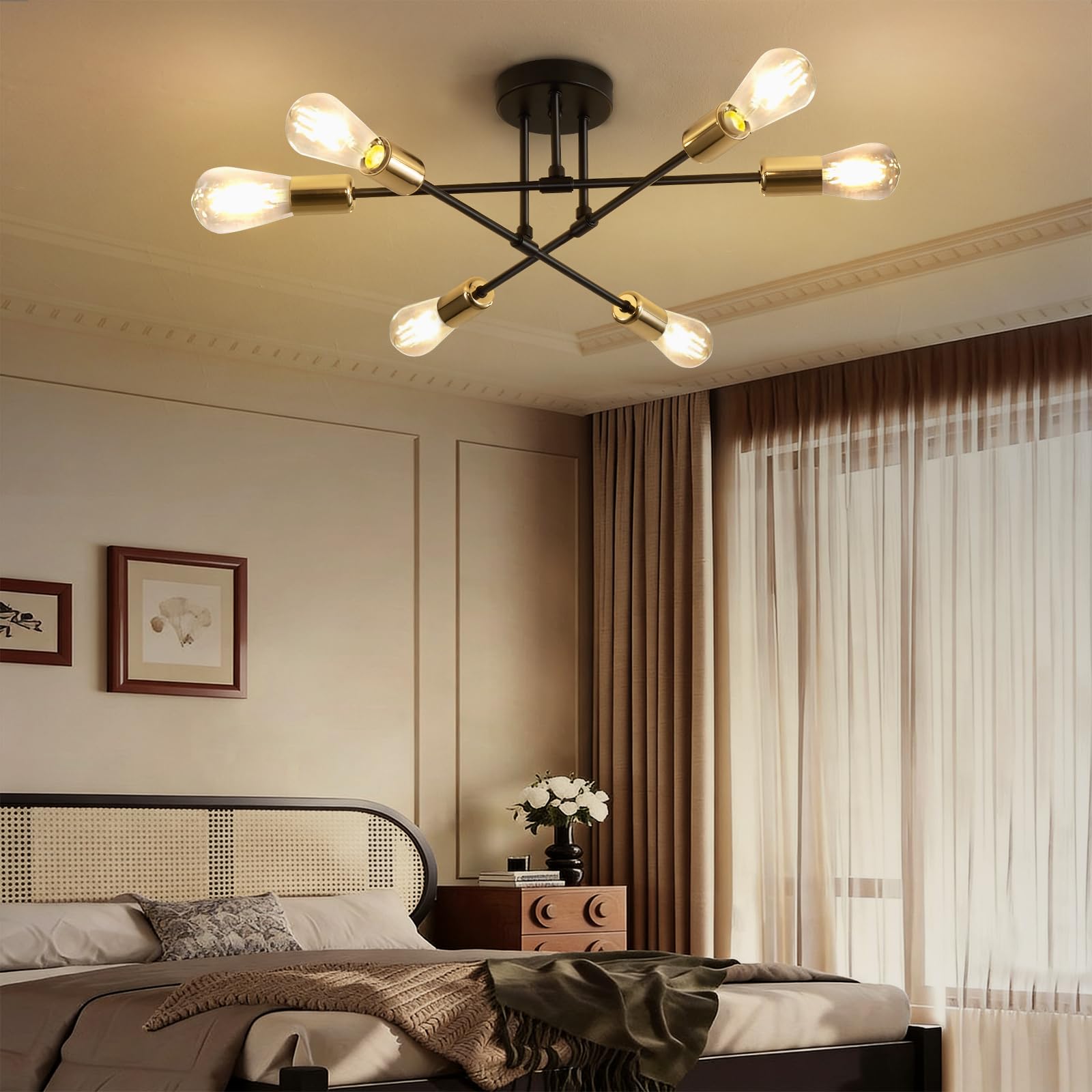 ENCOFT Lampa sufitowa w stylu vintage, industrialna, lampa sufitowa w stylu retro, 6 żarówek, lampa kuchenna, sufitowa, E27, czarno-złota, lampa sufitowa, do sypialni, salonu, biura