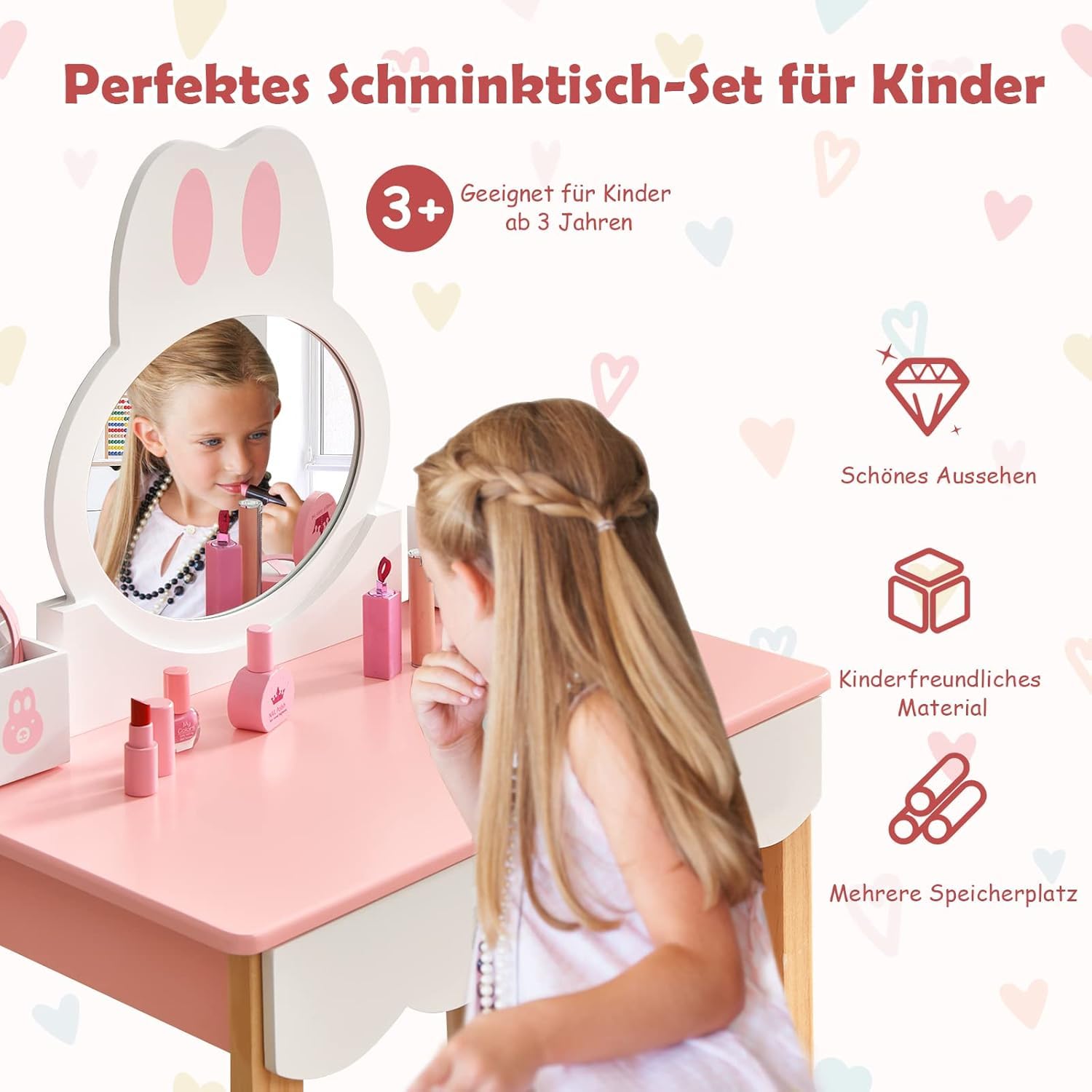 FANTASK Tocador Infantil con Taburete, tocador de Princesa en Rosa y Blanco, tocador con cajones de Espejo y Caja de Almacenamiento para niñas