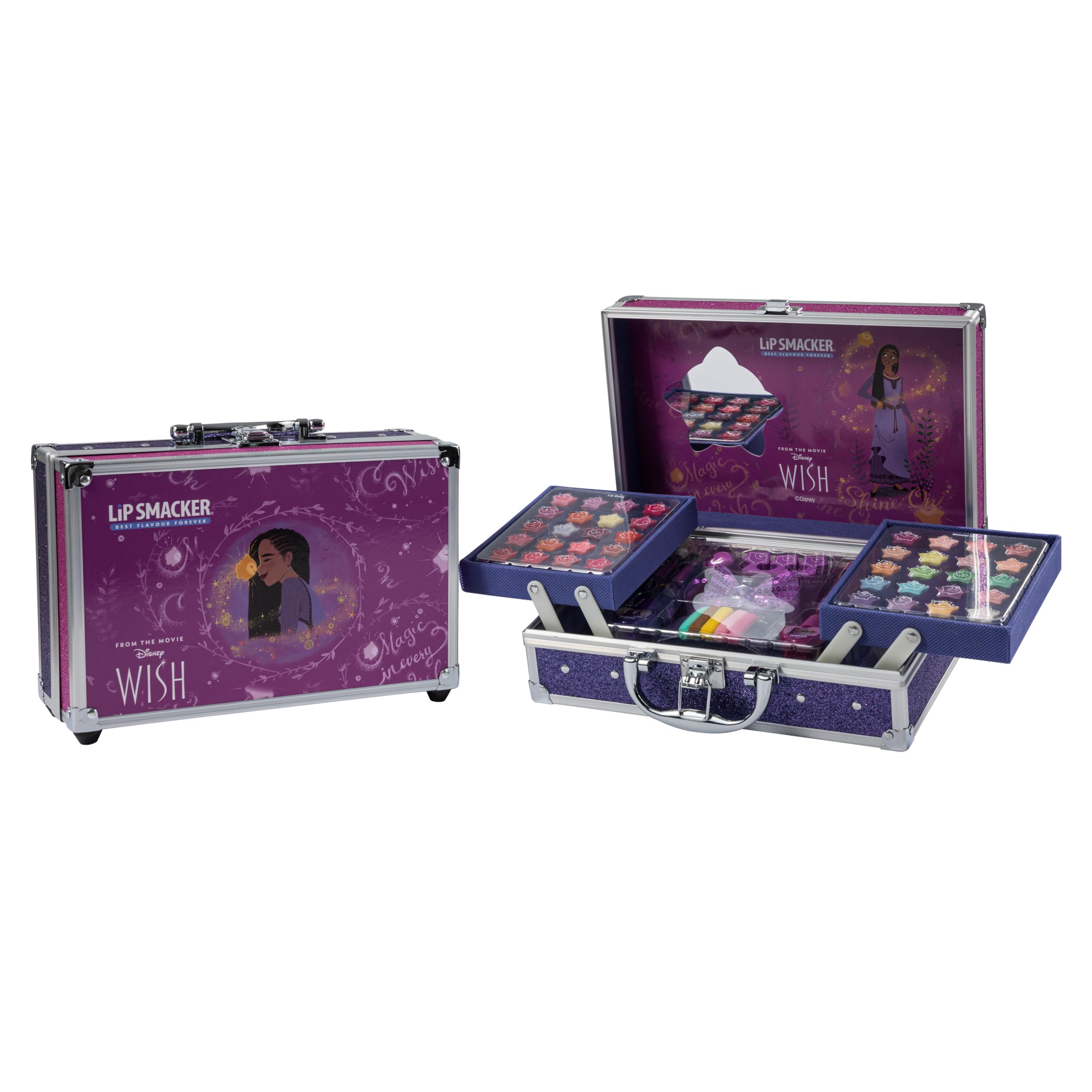 Lip Smacker Disney Wish Makeup Traincase, kuferek na kosmetyki dla dzieci, 50+ produktów do makijażu twarzy, ust i paznokci, w zestawie akcesoria kosmetyczne do włosów i makijażu